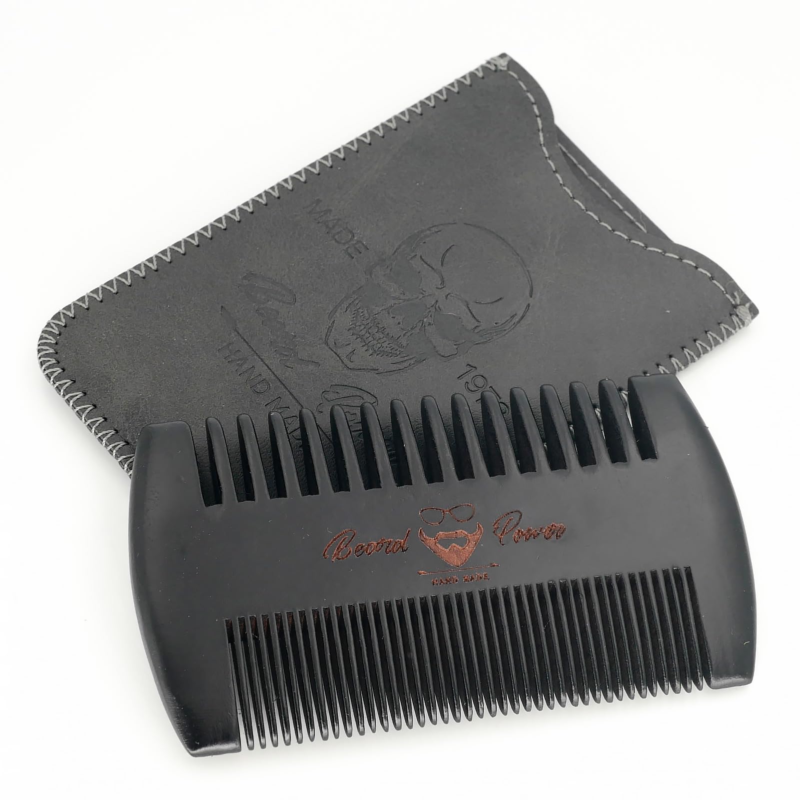 Black Wooden Beard Comb with Case for Men, Men's Wood Pocket Comb for Beards & Mustaches & Hair, Black Skull Design