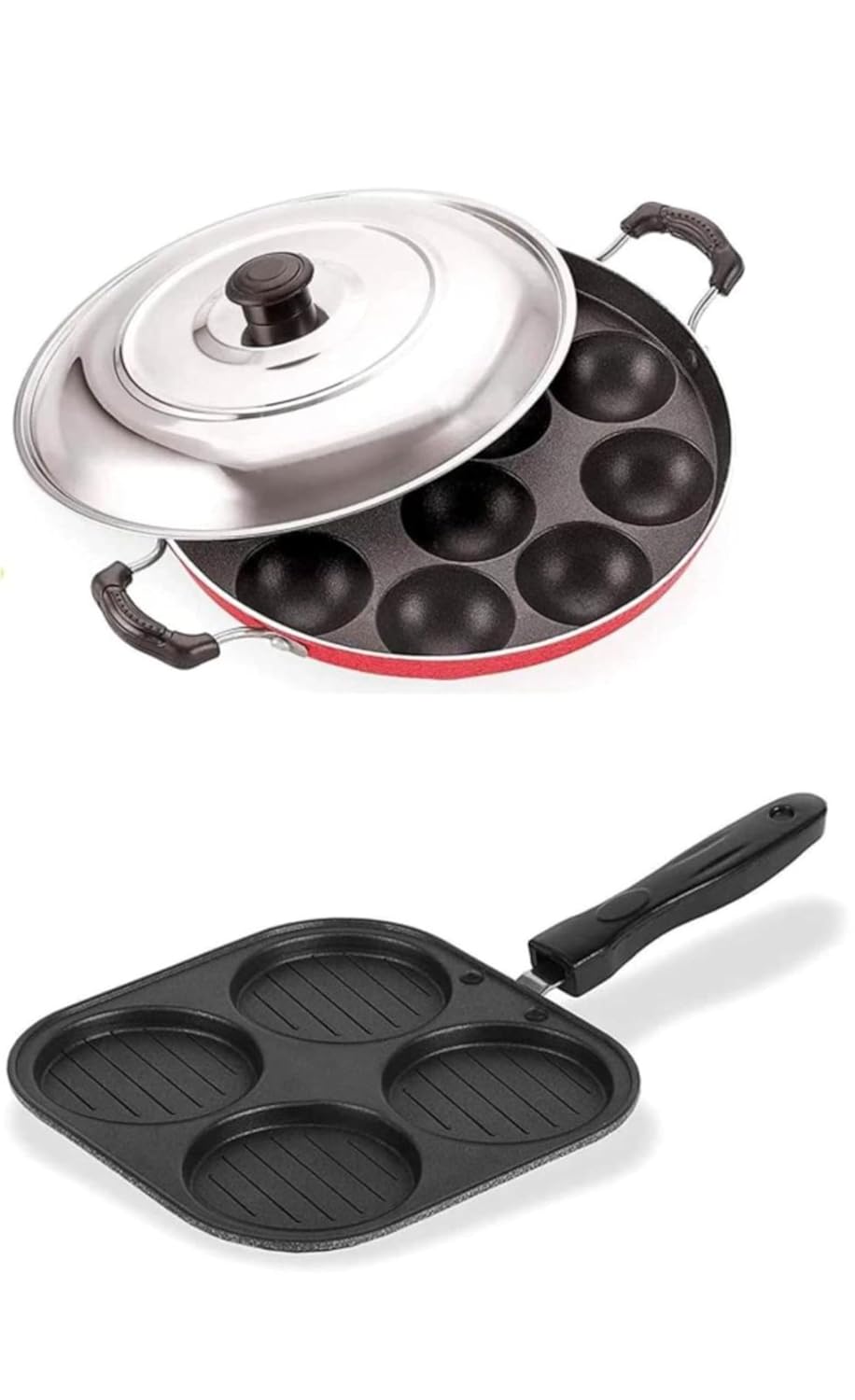 PRECIOUS HOMEWARE Non-Stick Cookware Set with Appam Pan and Mini Uttapam, 12 Cavity Paniyaram Maker with Lid, 4 Cavity Burger Pan, Multicolor