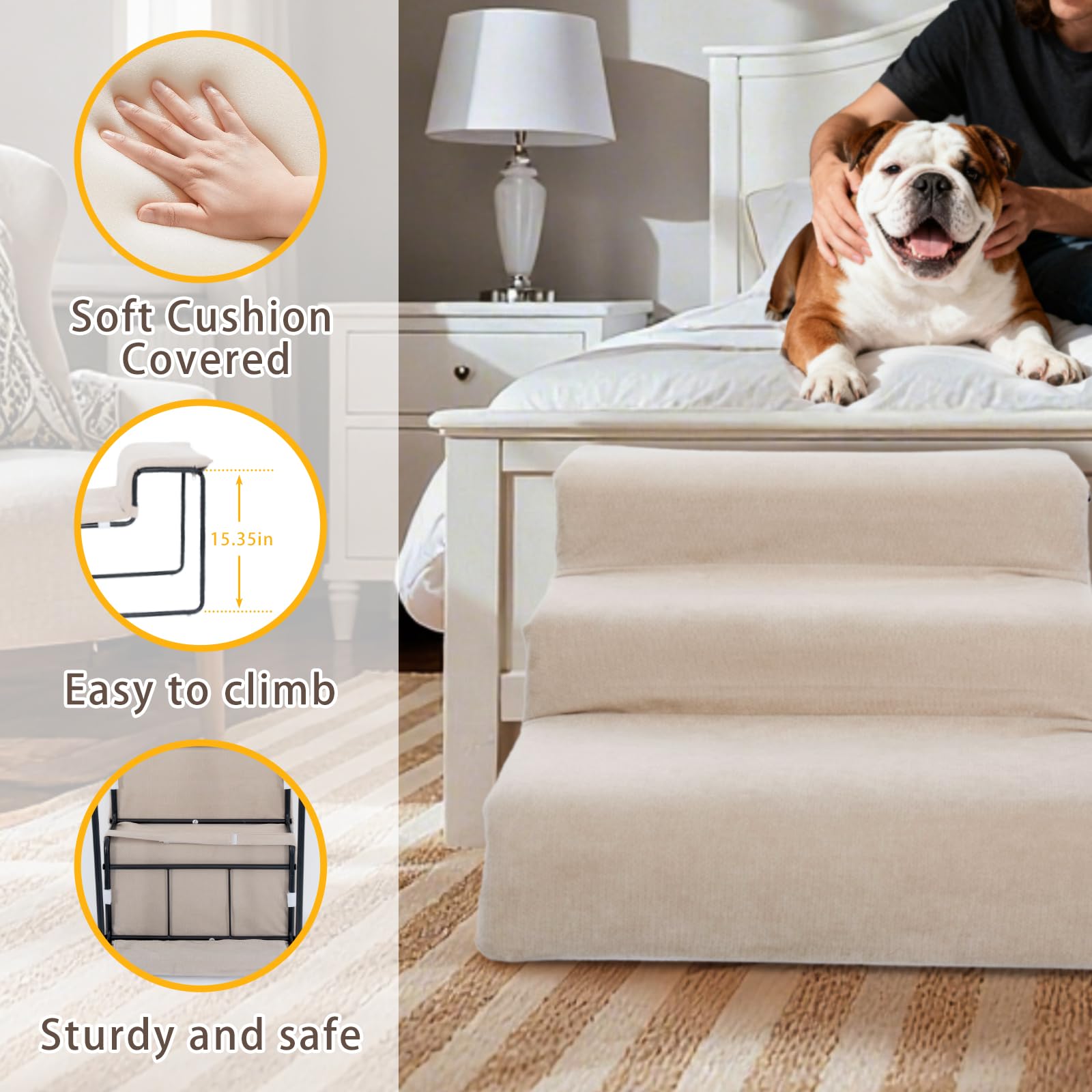 Escaleras para perros con juego de cama para mascotas para ventana, cama, sofá, marco de metal resistente con cojín suave, 3 escalones para perros y percha de ventana para mascotas pequeñas