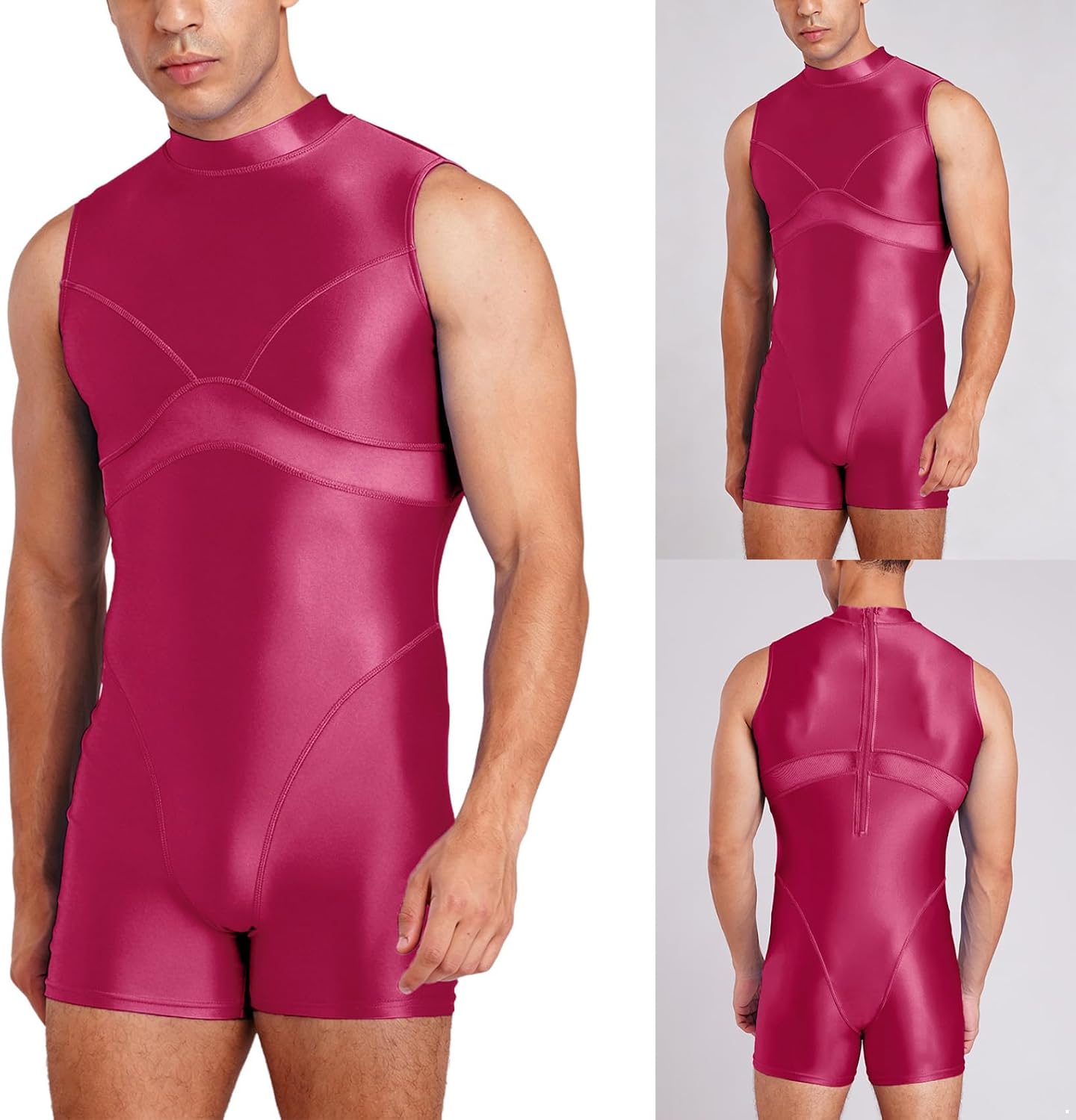 Vxuxlje Men Athletic Training Swimsuit Sleeveless Romper | Silky Tights,Oil Glossy,Back Zip,Spandex Surfing Suit,Back Zipper Closure,Slim Fitted Bodycon Silhouette,Bodycon Teddy