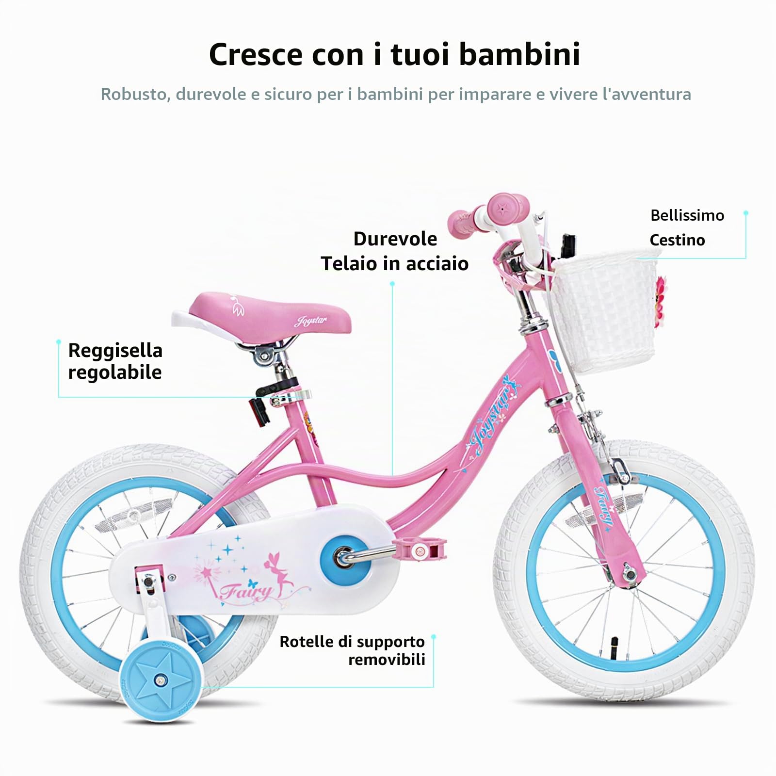 JOYSTAR Fairy Bicicletta per bambine 12/14/16/18 pollici per bambine dai 2 ai 9 anni, bicicletta per bambini piccoli da 12/14/16/18 pollici con rotelle e freno a mano per bambini dai 2 ai 9 anni