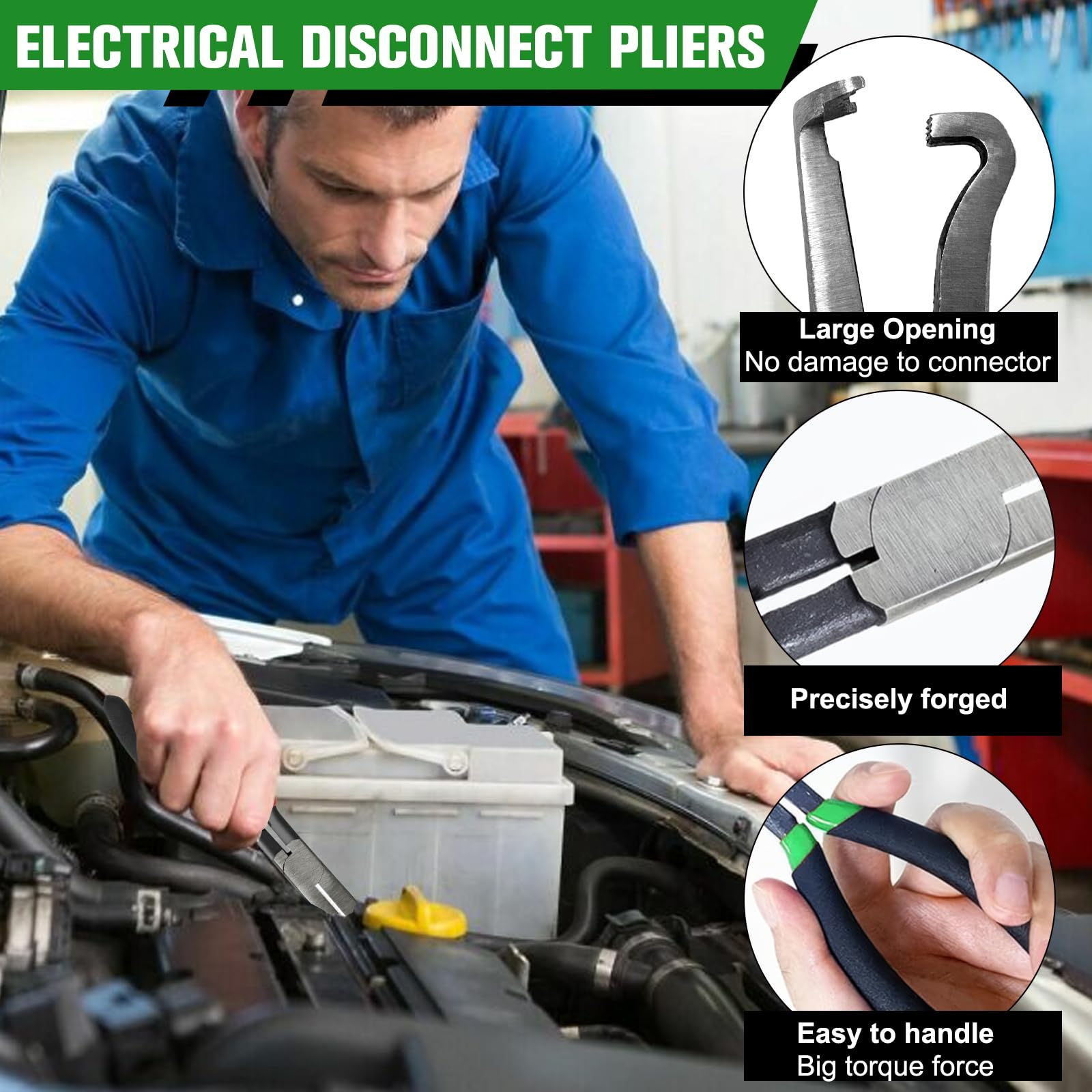 Electrical Disconnect Pliers, 8in Automotive Electrical Connector Pliers for Cars, Universal Plug & Fuel Line Disconnect Tool for Ignition Coil, Long Spark Plug & Air Flow Sensor Repair(Green)