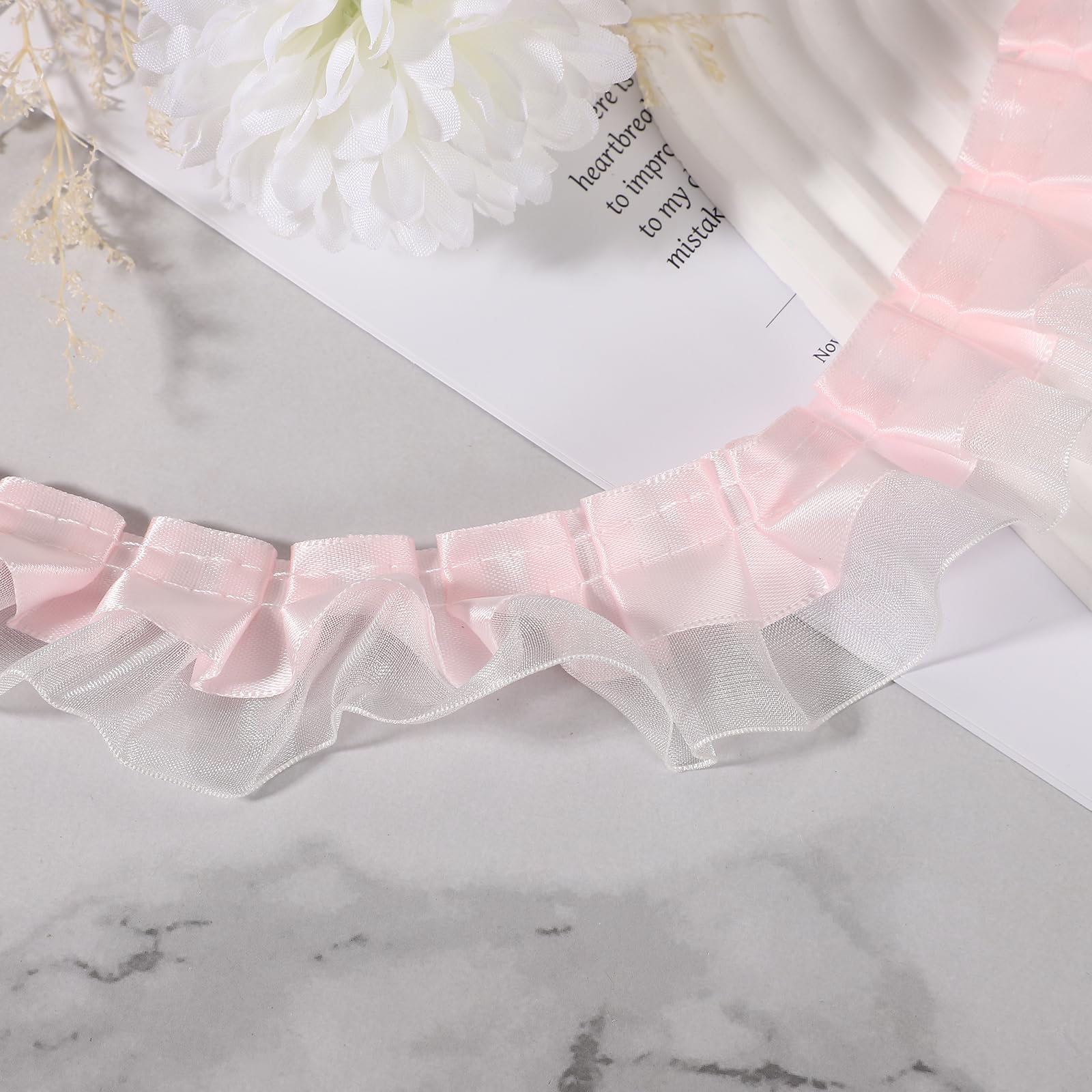 sourcing map 10 Yards 2-Layer Satin Ruffle Trim Lace Ribbon Sewing Lace Fabric Trim for DIY Craft Dress Clothing Wedding Gift Home Decoration, Pink
