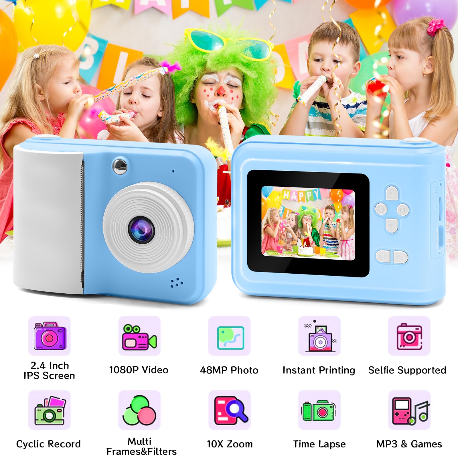 Appareil Photo Numérique Instantané, avec Papier d'impression & Carte TF 32G, Caméra Vidéo avec Stylos Colorés pour Le Bricolage, Chapeaux Costume Accessoire Déguisement