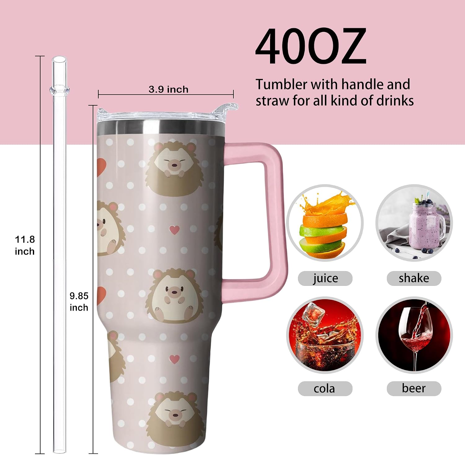 40oz Hedgehog Stainless Steel Tumbler with Handle and Straw, Insulated Cup Travel Coffee Mug Water Bottle with Lid and Straw, Animal Lovers Women Gifts