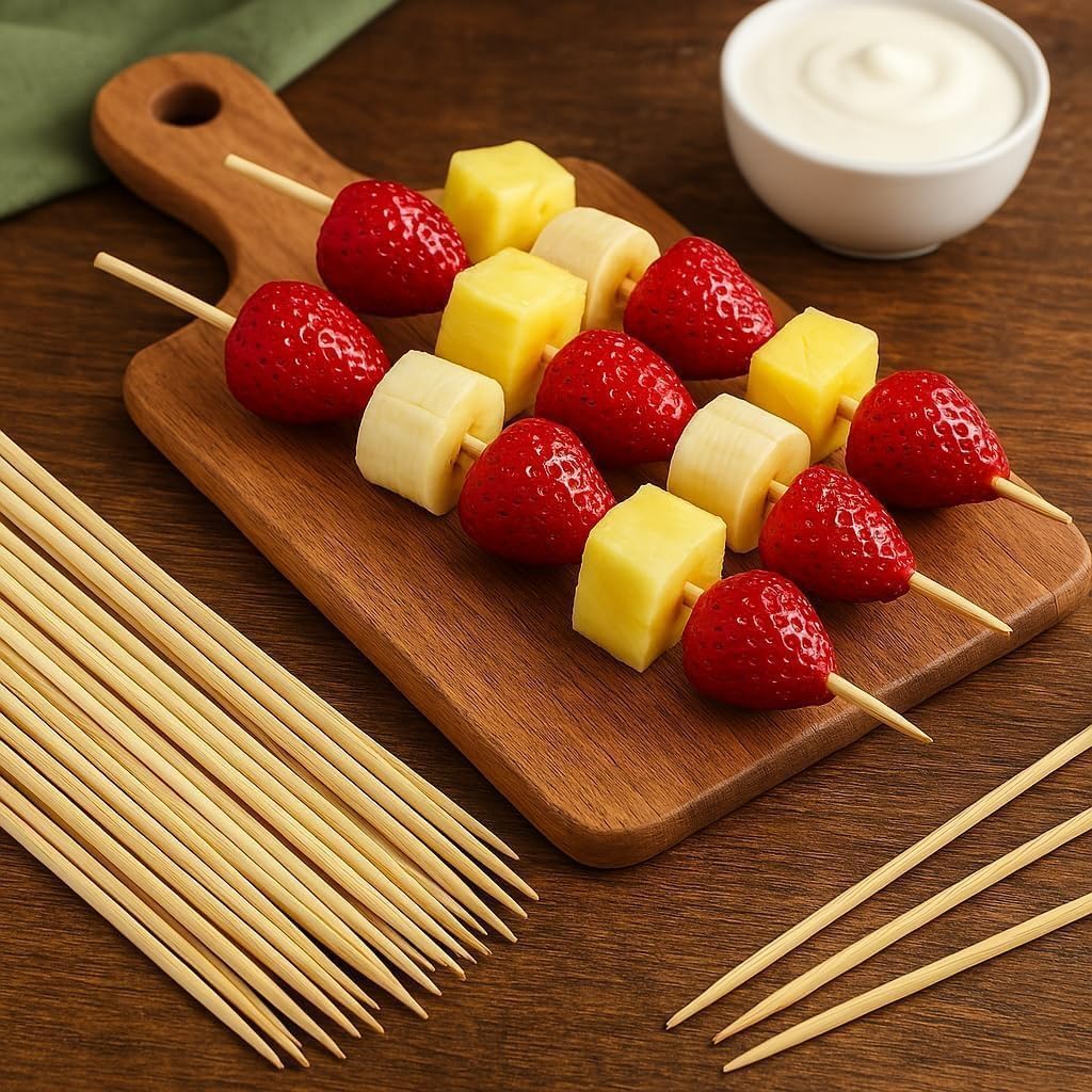 Set 100 Spiedini in Legno 30 cm x 3 mm – Bastoncini Lunghi per Carne, Frutta, Dolci, Panini, Barbecue e Finger Food – Naturali, Resistenti, Monouso, Eco-Friendly