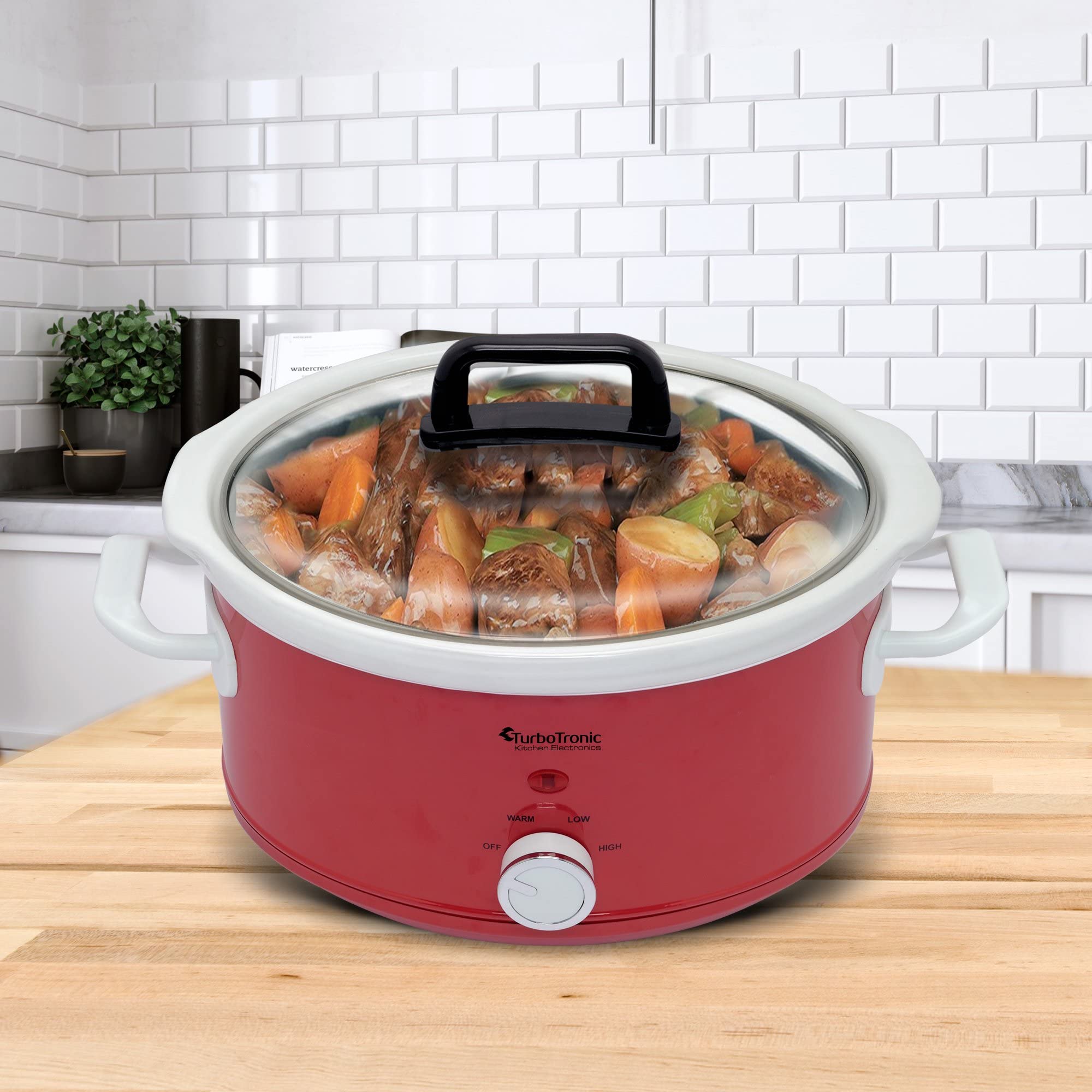 TurboTronic/Slow Cooker / 3,5 L/rot/weiß, hellblau/weiß, schwarz/Schongarer mit Warmhaltefunktion, Dampfgarer, Schmortopf, Gartopf, Sous Vide Garer, Retro-Look (Red)