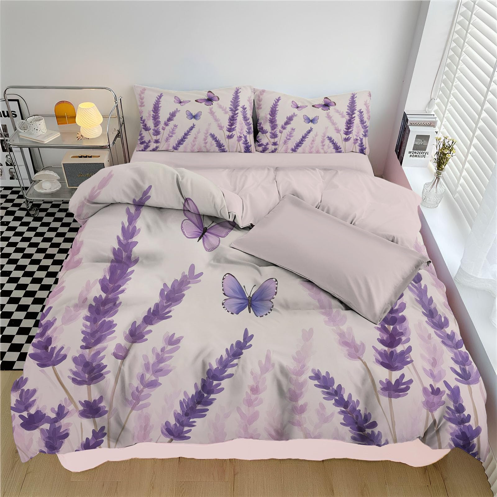 Juego de Cama Reversible Lavanda Mariposa, Nórdica Estampada Edredón Elegancia, Púrpura Juego de Funda de 150x220cm 2 con 2 Fundas de Almohada para Cama de Matrimonio