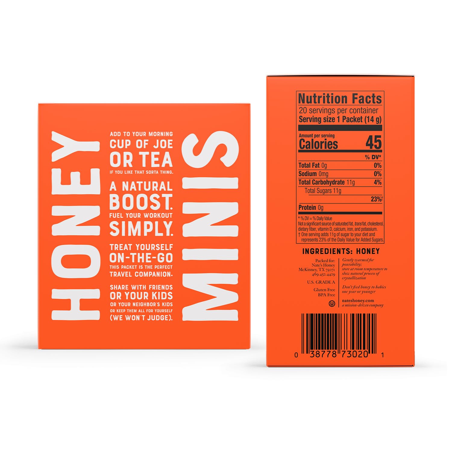 Nate's Honey Minis - Single-Serve 100% Pure, Raw & Unfiltered Honey - 0.49oz Packets, 20ct box