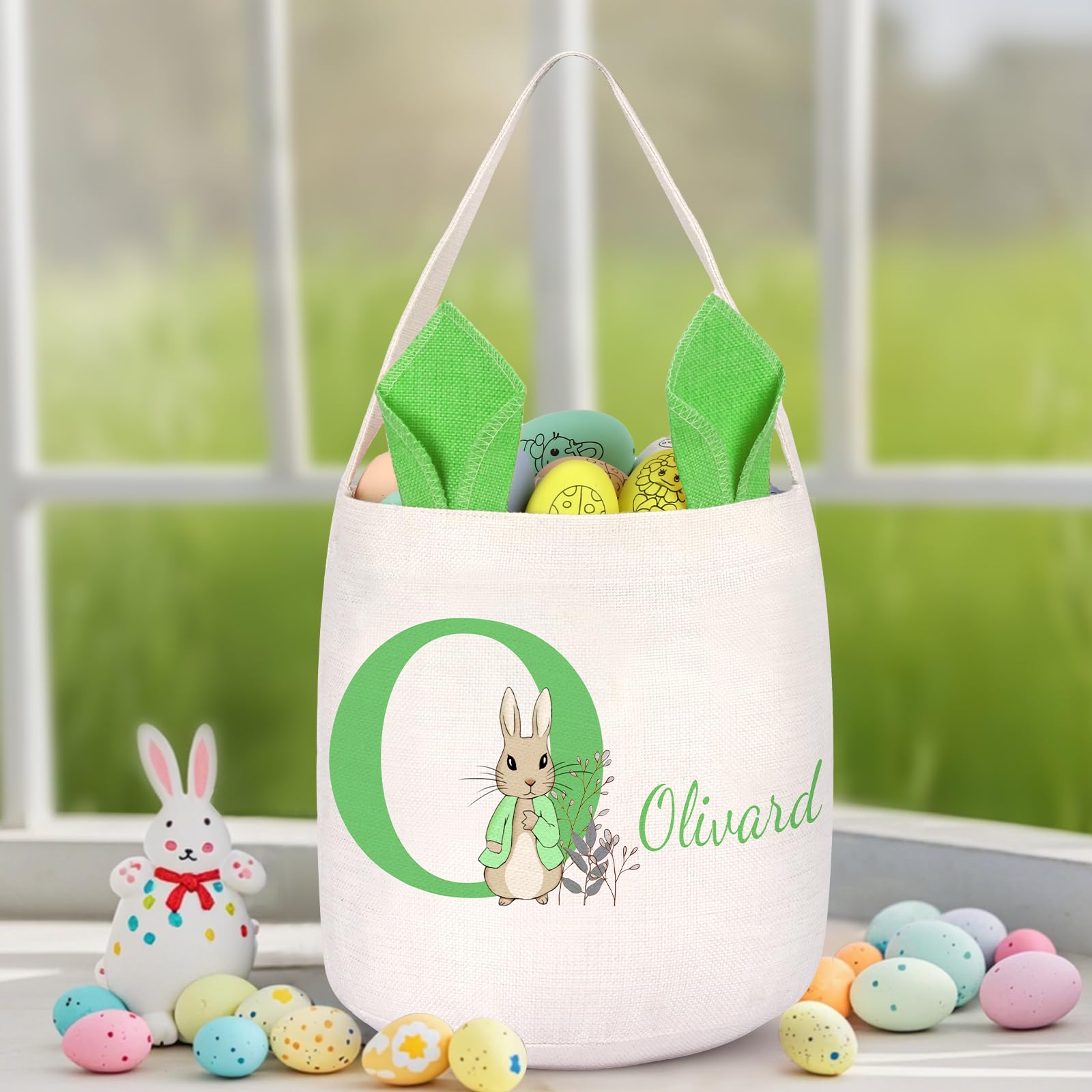 OXYEFEI Personalized Easter Baskets with Name for Girls Boys, Large Fillable Bunny Design with Initial,Custom Easter Basket for Kids (Green)
