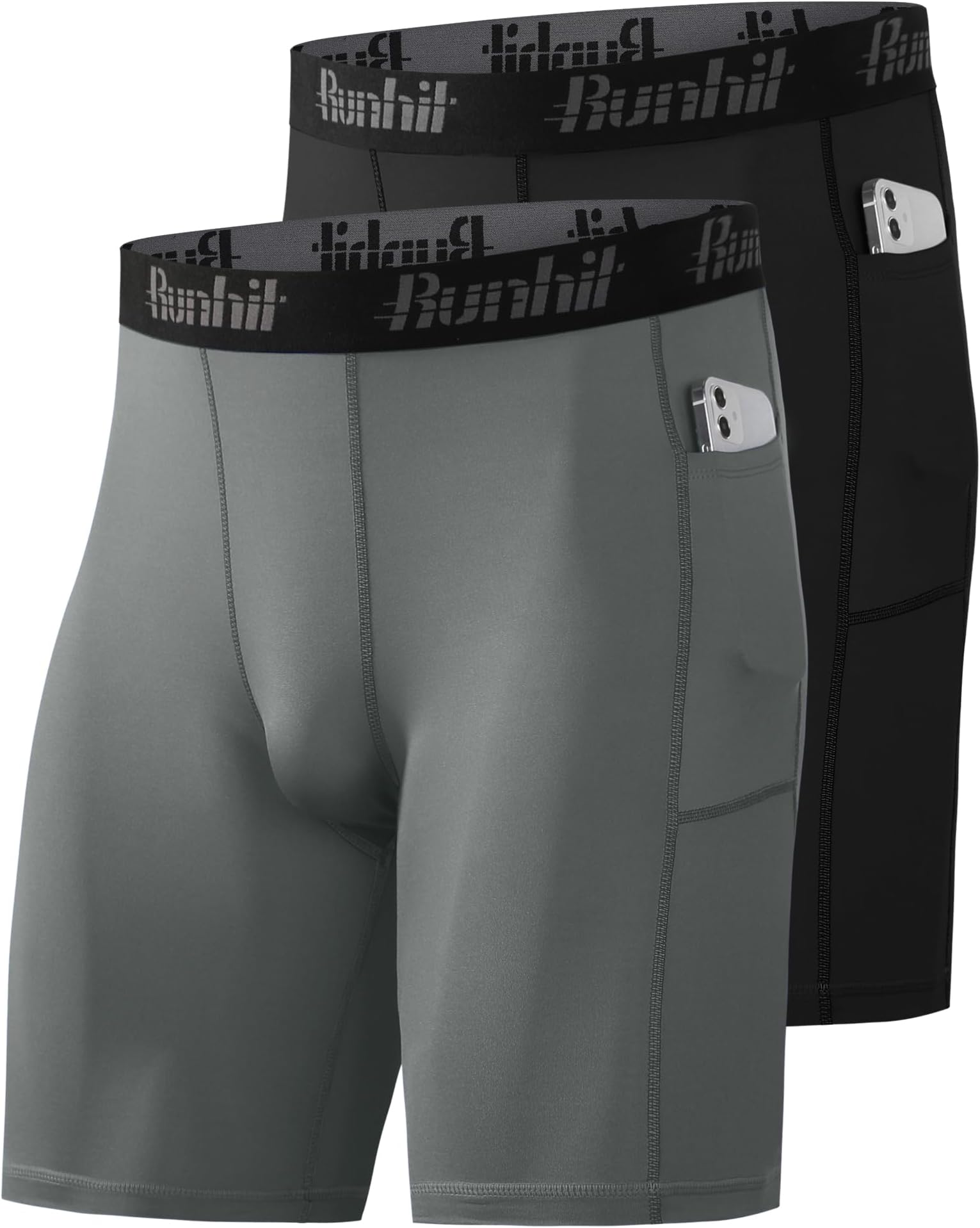 1 or 2 Pack Compression Shorts Men with Phone Pockets, Moisture Wicking Anti Chafing Underwear Boxers Base Layer, Quick Dry Sport Tights Undershorts for Running Gym Cycling Workout