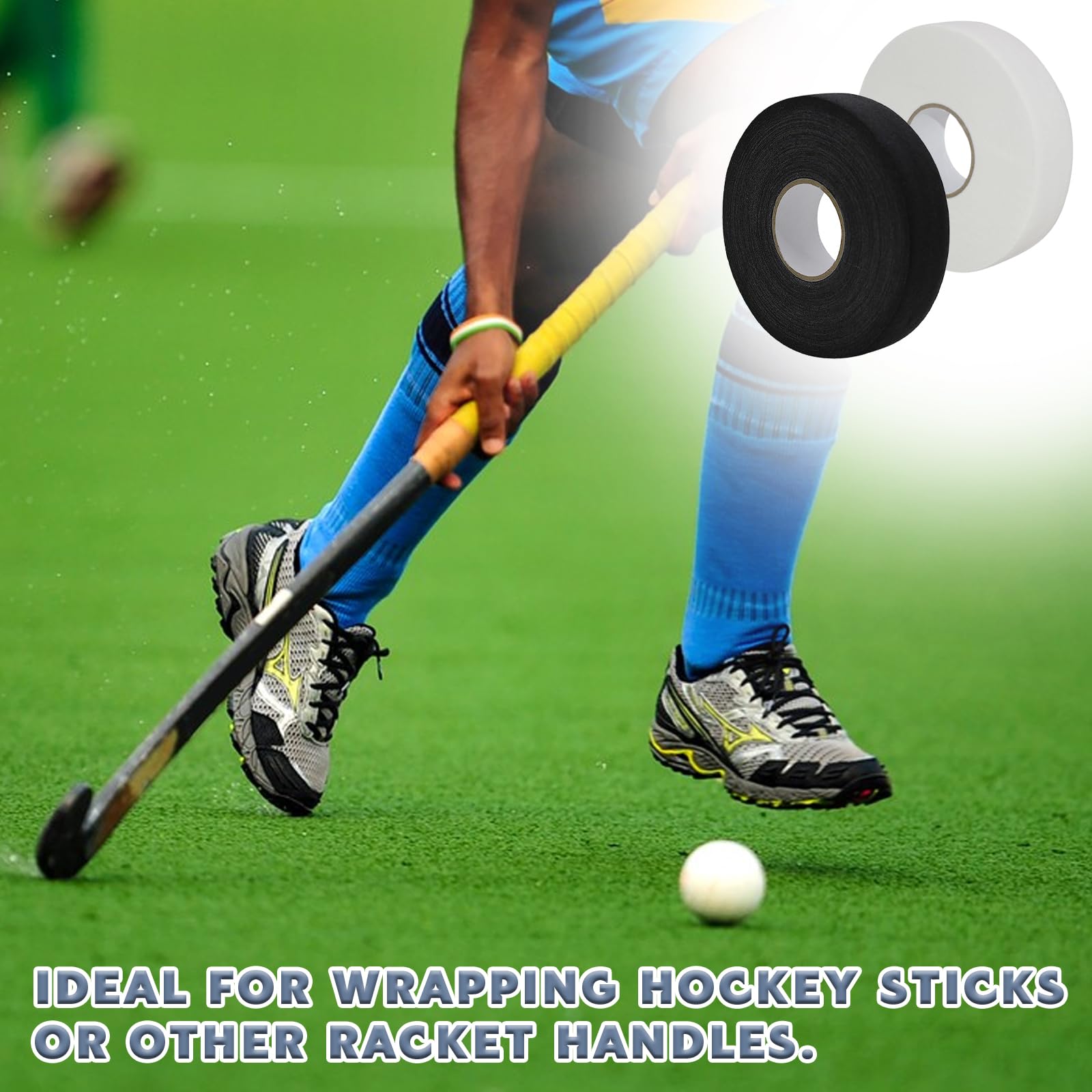 2 Rouleaux Ruban de Hockey Adhésif 25m x 25mm Tape Hockey sur Glace Ruban de Bâton de Hockey Antidérapant Tape Crosse de Hockey pour Raquette Tennis, Badminton (Noir, Blanc)