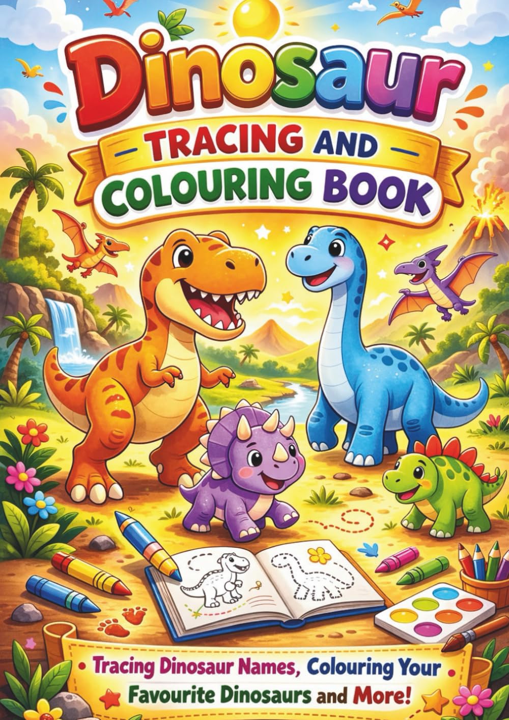 Dinosaur Tracing and Colouring Book: Colour Dinosaurs, Trace Dinosaur Names & Complete Fun Dot-to-Dot Activities for Kids Ages 3–6