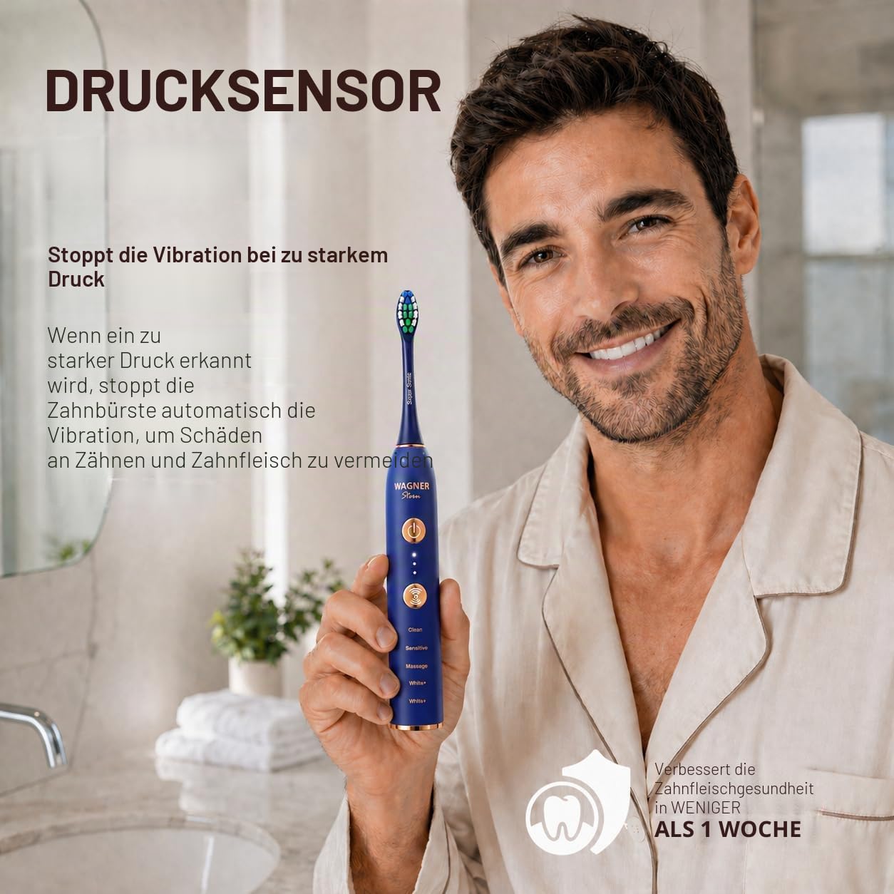 Wagner Stern WHITEN+ Edition. Intelligente elektrische Zahnbürste mit Drucksensor. 5 Putzmodi und 3 Intensitätsstufen, 8 weiche Bürstenköpfe, hochwertiges Reiseetui.