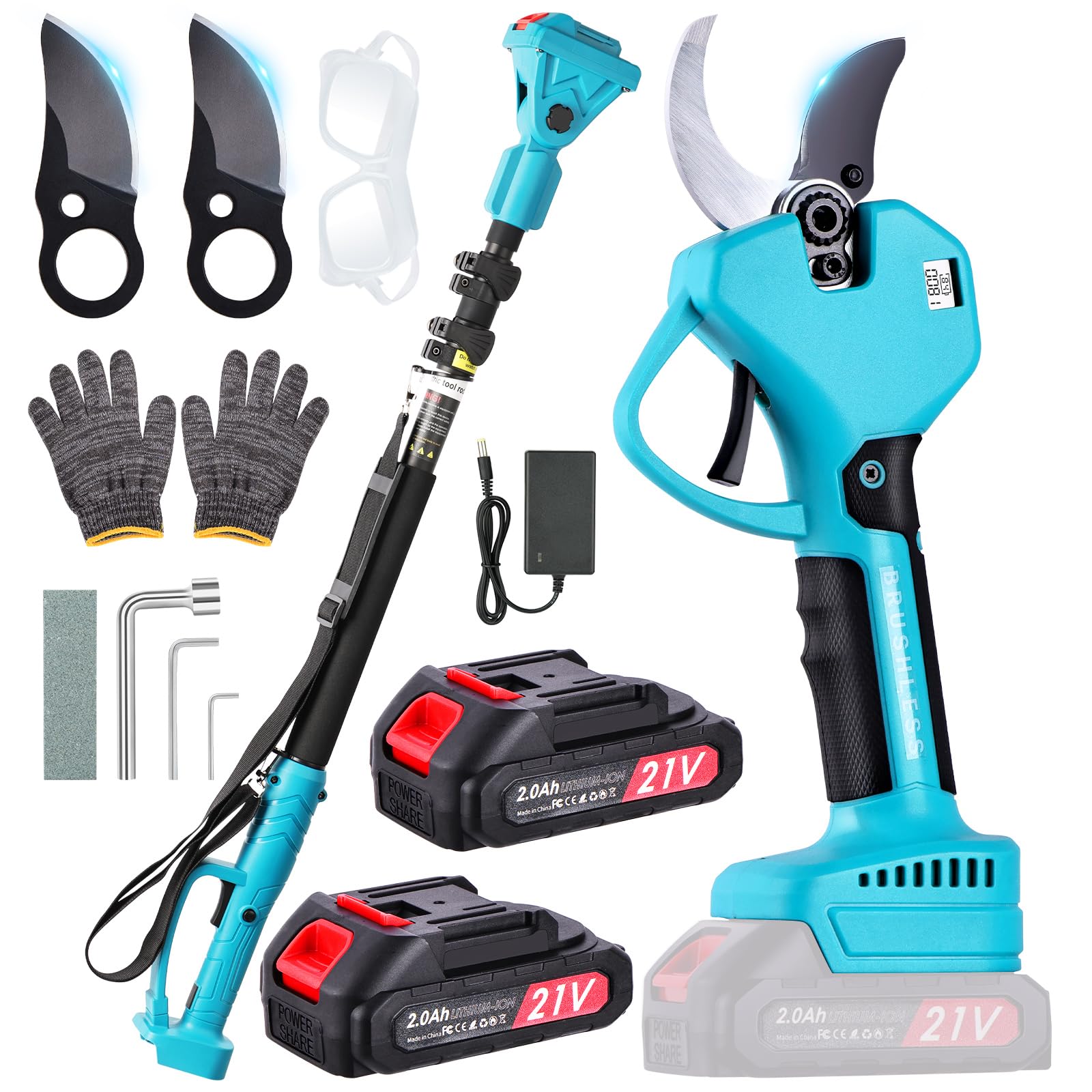Forbici Potatura Elettriche con Asta Telescopica 2M, 50mm SK5 2000mAh | Taglio da altezza regolabile, display LED, sistema di sicurezza,per frutteti, ulivi, vigneti e giardini