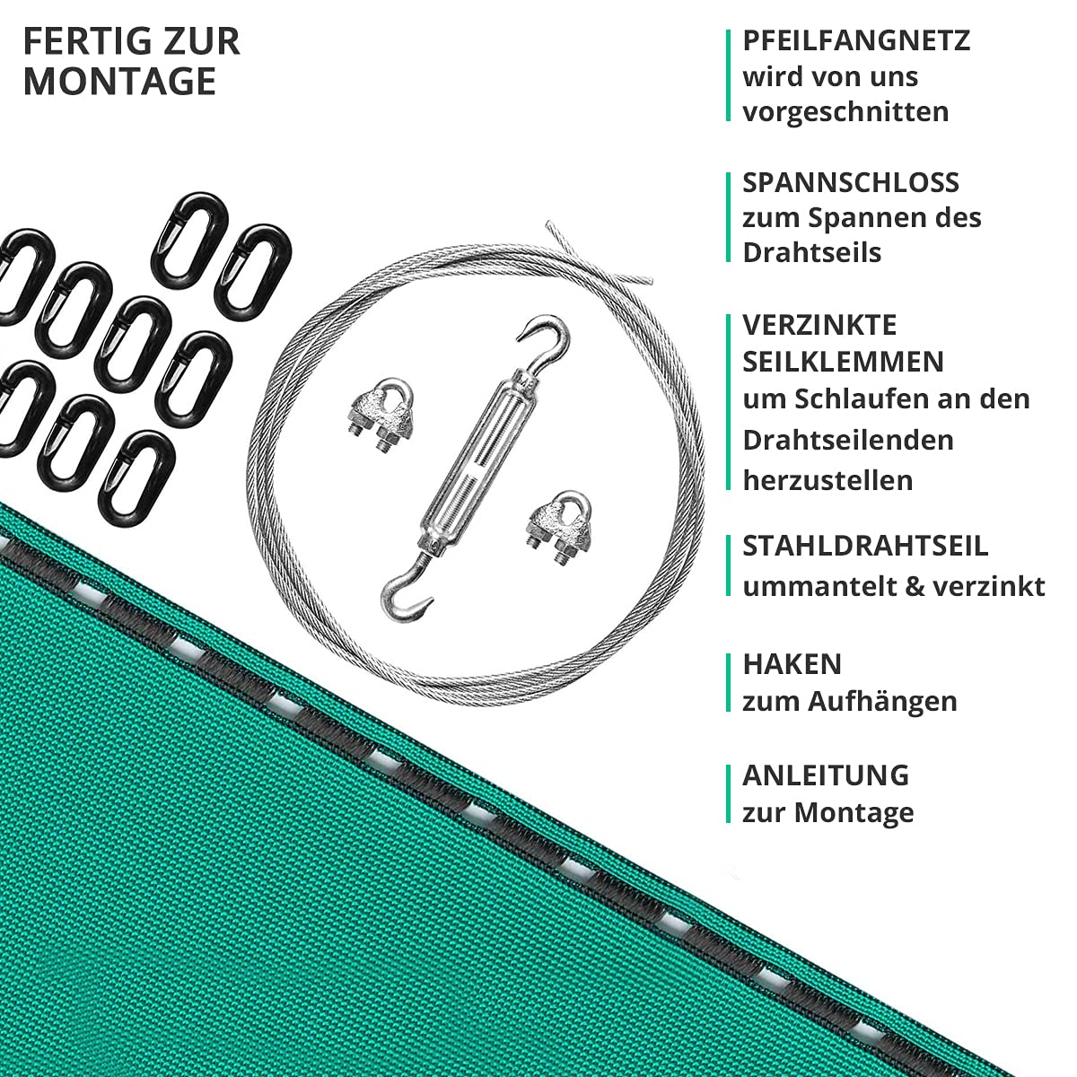 Pfeilfangnetz Set extra stark I grün 3m hoch bis 12m breit I Armbrust & Bogenschießen Pfeilfang I Fangnetz inklusive Zubehör - fertig zur Montage I by Beier Germany