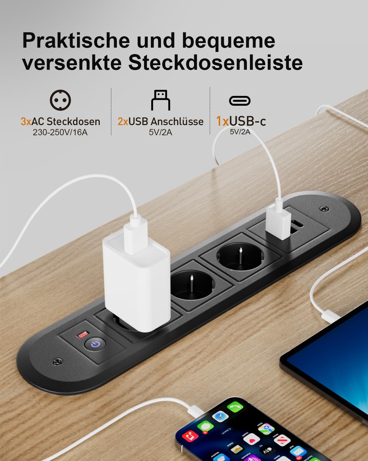 HLONONE Höhenverstellbarer Schreibtisch mit USB-Ladeanschluss und Steckdose, 120 × 60 cm Elektrischer Schreibtisch, Verstellbarer Computertisch mit 2-Funktions-Memory, Ahorn