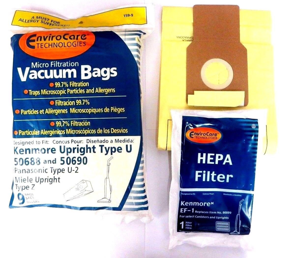 Kenmore 50688 Vacuum Bags Microfiltration with Closure Panasonic U-2 Vacuums. (10 Bags & 1 EF1 86889 Filter)
