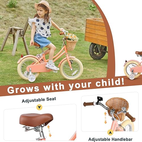Miniatura 4 de Glerc Little Molly - Bicicleta de crucero retro para niños de 2 a 13 años de edad con cesta de mimbre y ruedas de entrenamientosoporte, varios