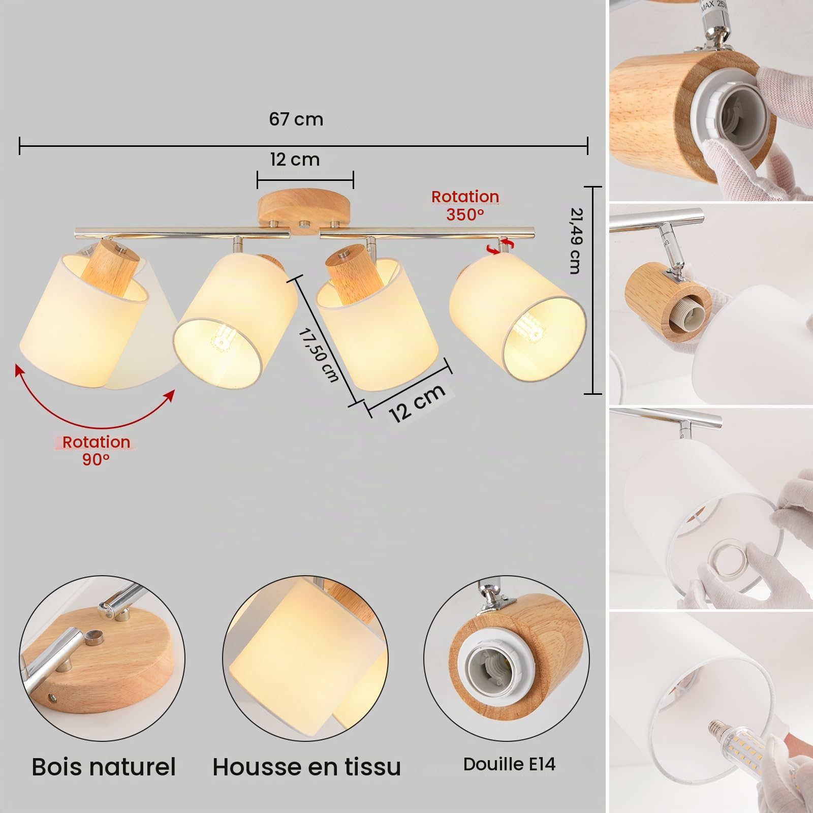 Plafonnier Bois 4 Spots,Applique Murale Orientable LED E14,Sans Ampoules