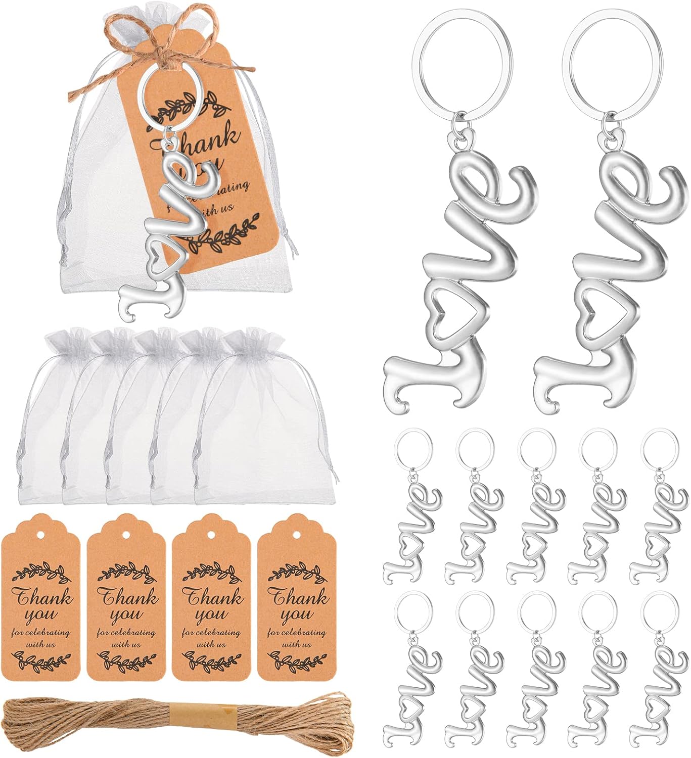 50Pieces Love Bottle Openers with Keychain/Keyrings and Thank You Tags Great Gifts for Wedding or Bridal Shower Favors, Valentines Party Souvenirs to Guests (silver)