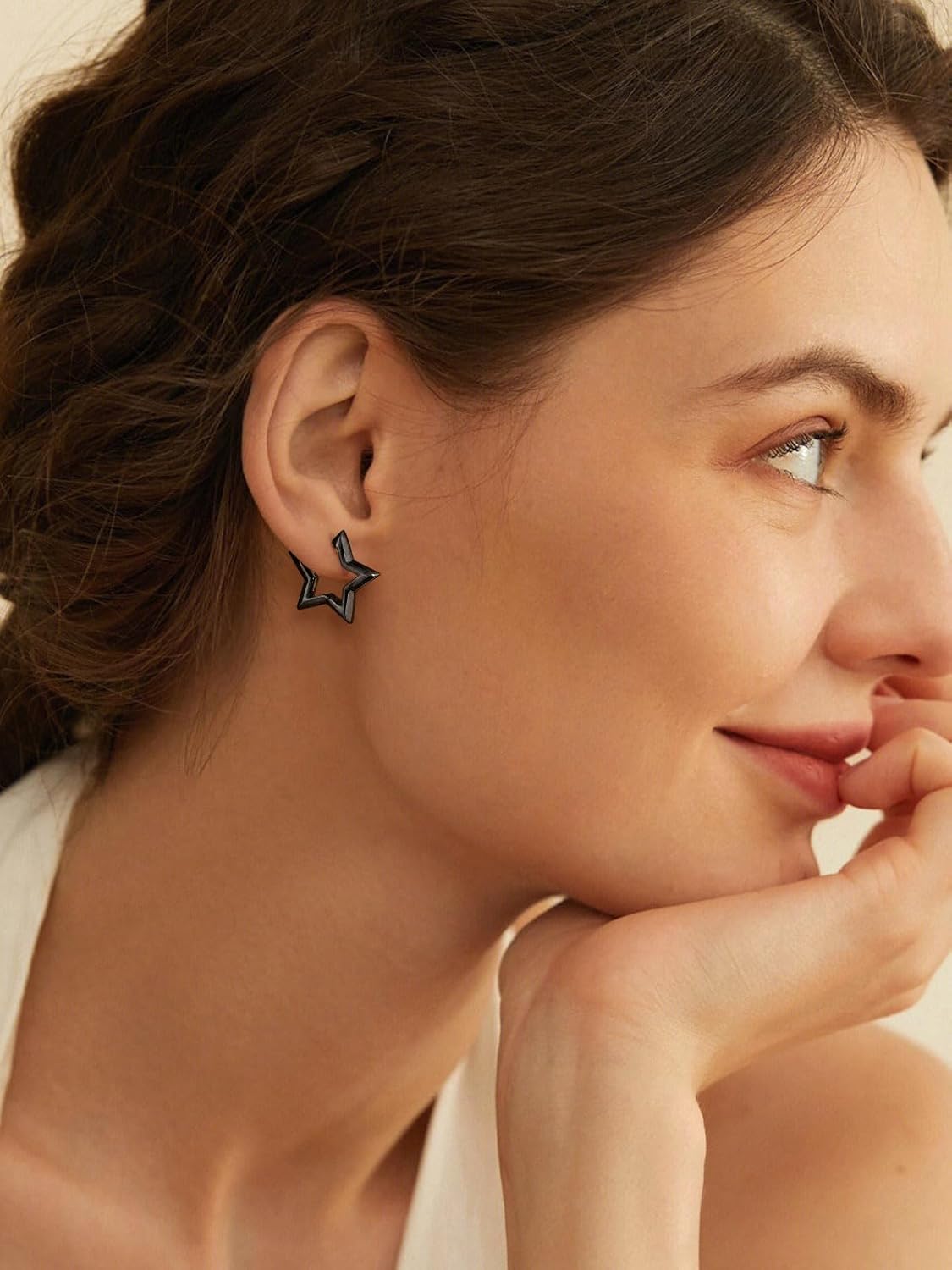 FindChic Black Star Earrings Hypoallergenic Studs and Black Hoop Earrings Hammered Hoops Earrings for Women