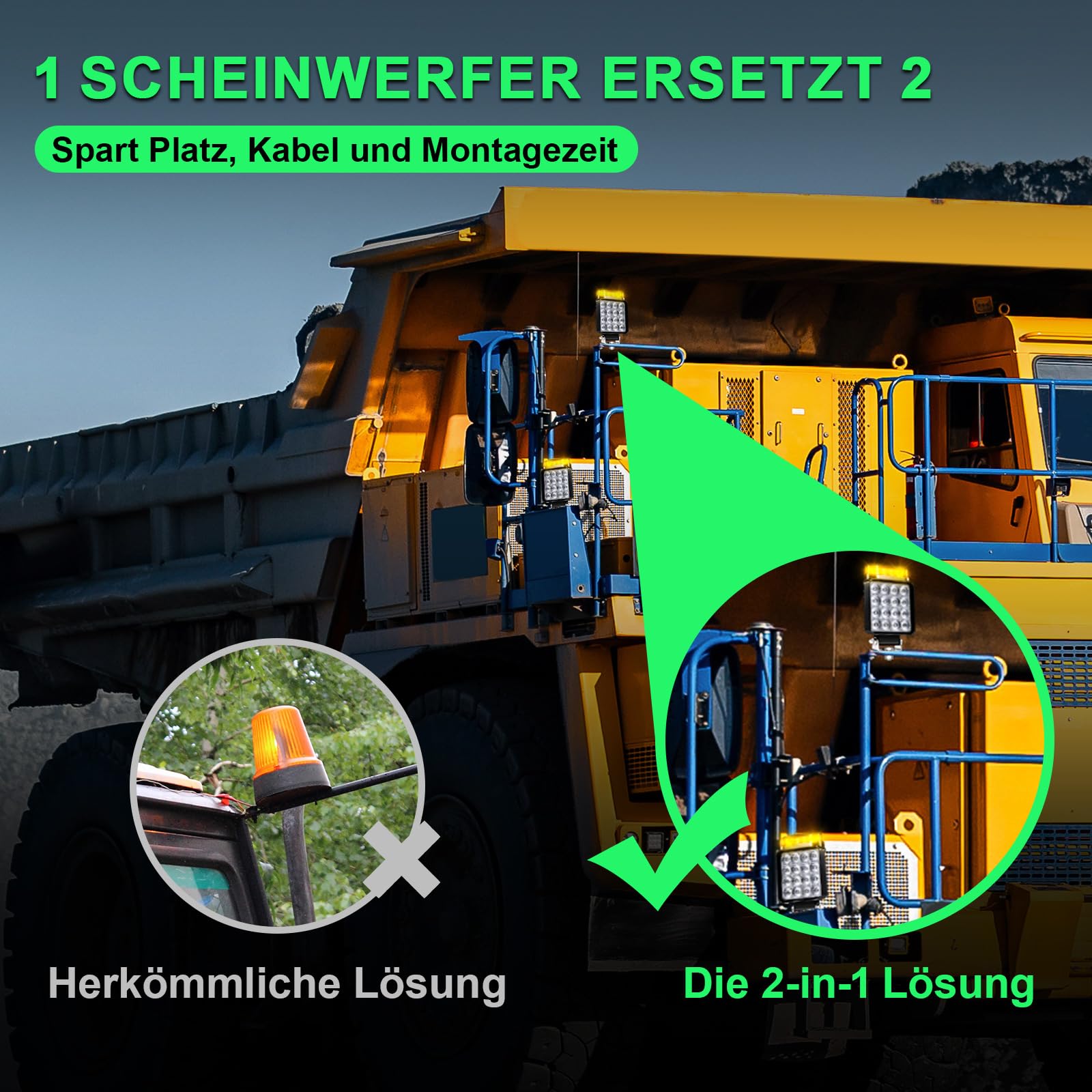 2x LED Arbeitsscheinwerfer mit Warnlicht Gelb (10 Blitzmodi & Memory), 18W 12V 24V Zusatzscheinwerfer Traktor, LKW & Bagger, IP68 Wasserdicht, 2-in-1 Rückfahrscheinwerfer & Blitzleuchte