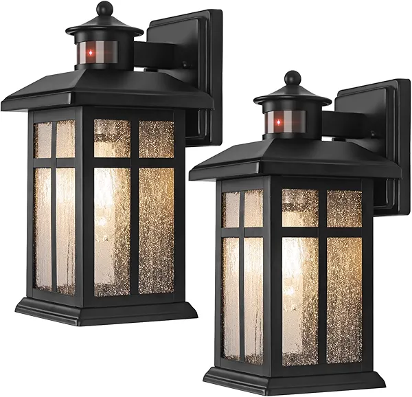 Motion Sensor Outdoor Wall Lights 2 Packs- Updated Dusk to Dawn Outdoor Lighting, Exterior Light Fixtures with E26 Sockets & Tempered Glass, Wall Mounted Black Waterproof Outdoor Lights for House