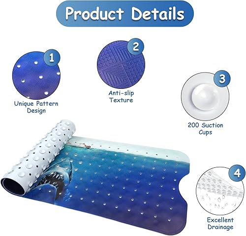 Miniatura 3 de Tapete para bañera antideslizante, extra largo, con ventosas y agujeros de drenaje para adultos, niños y ancianos, 40 x 16 pulgadas