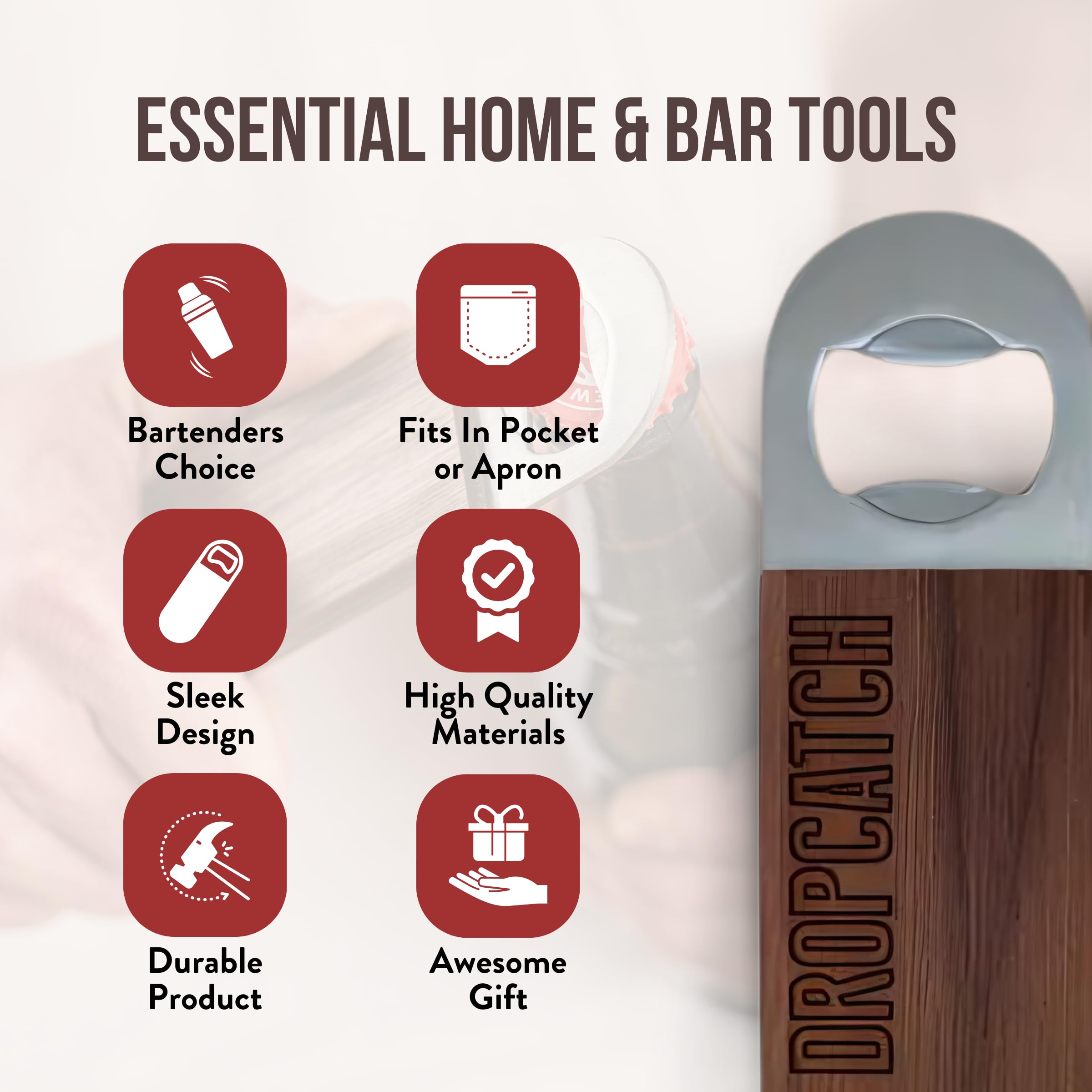 Dropcatch Abridor de botellas de mano con hoja de barra, abridor de botellas de cerveza plano, herramienta duradera para camarero o hogar, acero inoxidable resistente y acabado de nogal, estándar de 7