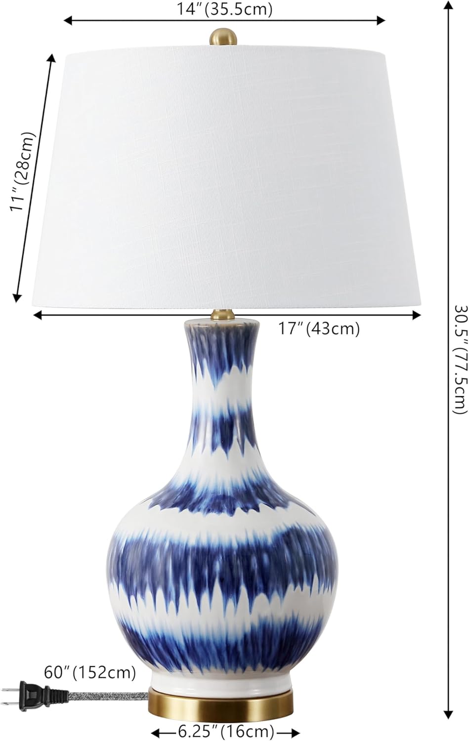 JONATHAN Y 30.5" Blue/White Striped Ceramic Table Lamp for Bedroom Living Room, Modern Coastal Bedside Lamp with Gold Base and White Linen Shade, LED Bulb Included (JYL3054B)