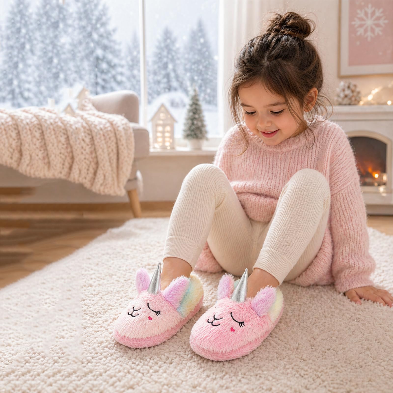 Pantuflas de unicornio para niñas y niños con forro polar cálido de felpa