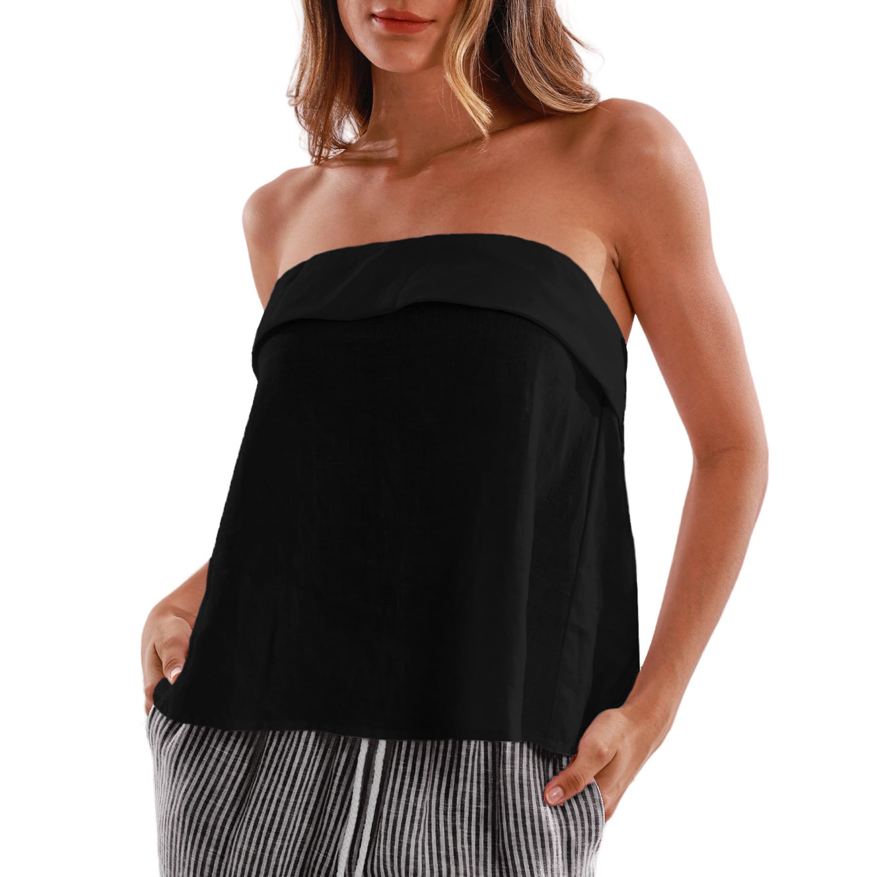 Amazhiyu Tube Top Damen Leinen Bandeau Tops Sommer Schulterfrei Oberteil