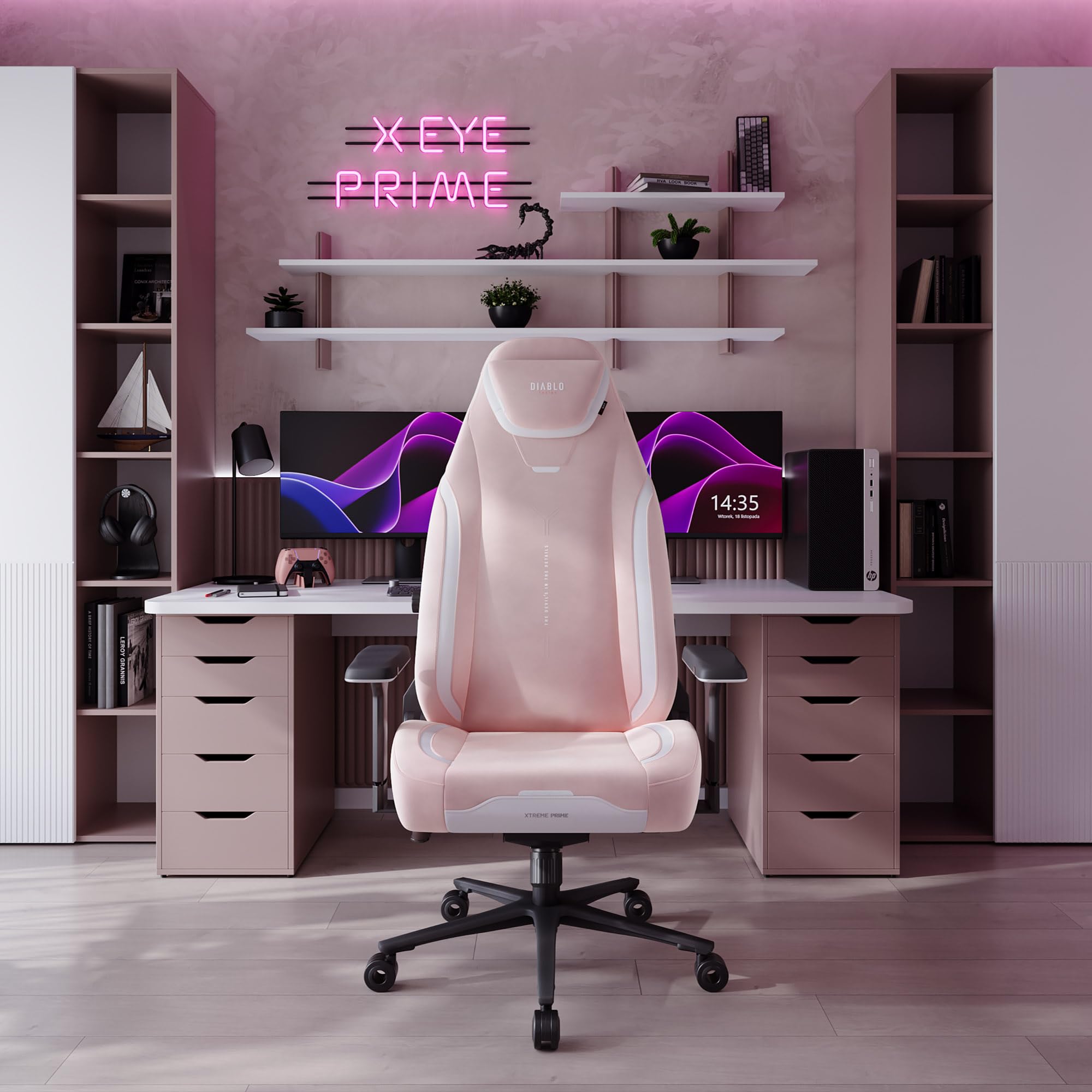 Diablo X-Eye Prime Fotel Gamingowy Ergonomiczny z Chłodzącym Siedziskiem, Magnetycznym Zagłówkiem Memory, Podparciem Lędźwi ProSpine i Podłokietnikami 4D - 140 kg - Akira Pink