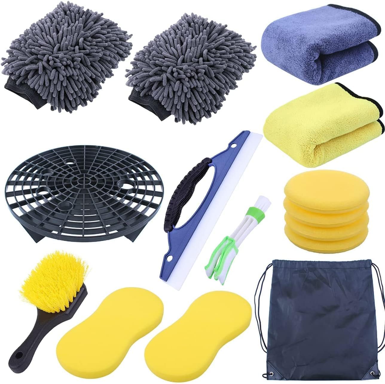 SCIENISH 15Pcs Car Cleaning Kit,Car Wash Detailing Kit,Car Detailing Brushes Set,Wash Bucket Bracket,Big Towels,Car Wash Mitts,Tire Brush,Window Water Blade,Car Wash Sponge Wax Applicators