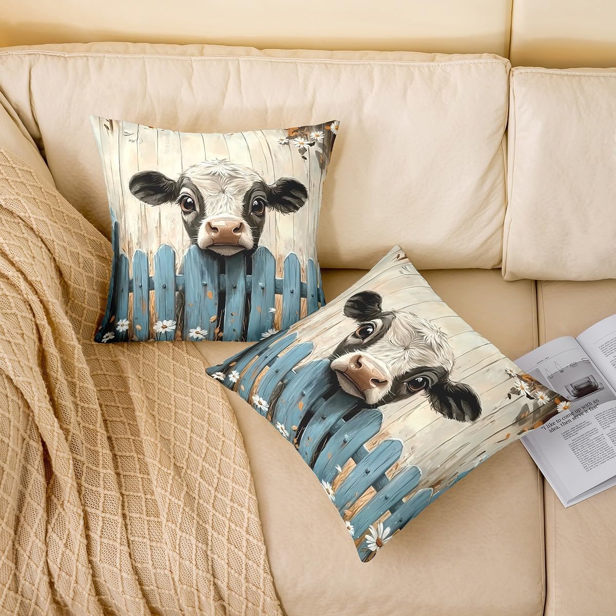 Erosebridal Milk Cow Throw Pillow Cover Rustic Farmhouse Barn Pillow Cover Daisy Flower Floral Decor Rural Country Farm Animal Cushion Case,24x24 Inch