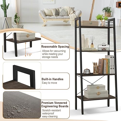 Miniatura 7 de Tangkula Estantería de escalera, estantería industrial de madera de 4 niveles con marco de metal, dispositivo antivuelco, estante de escalera