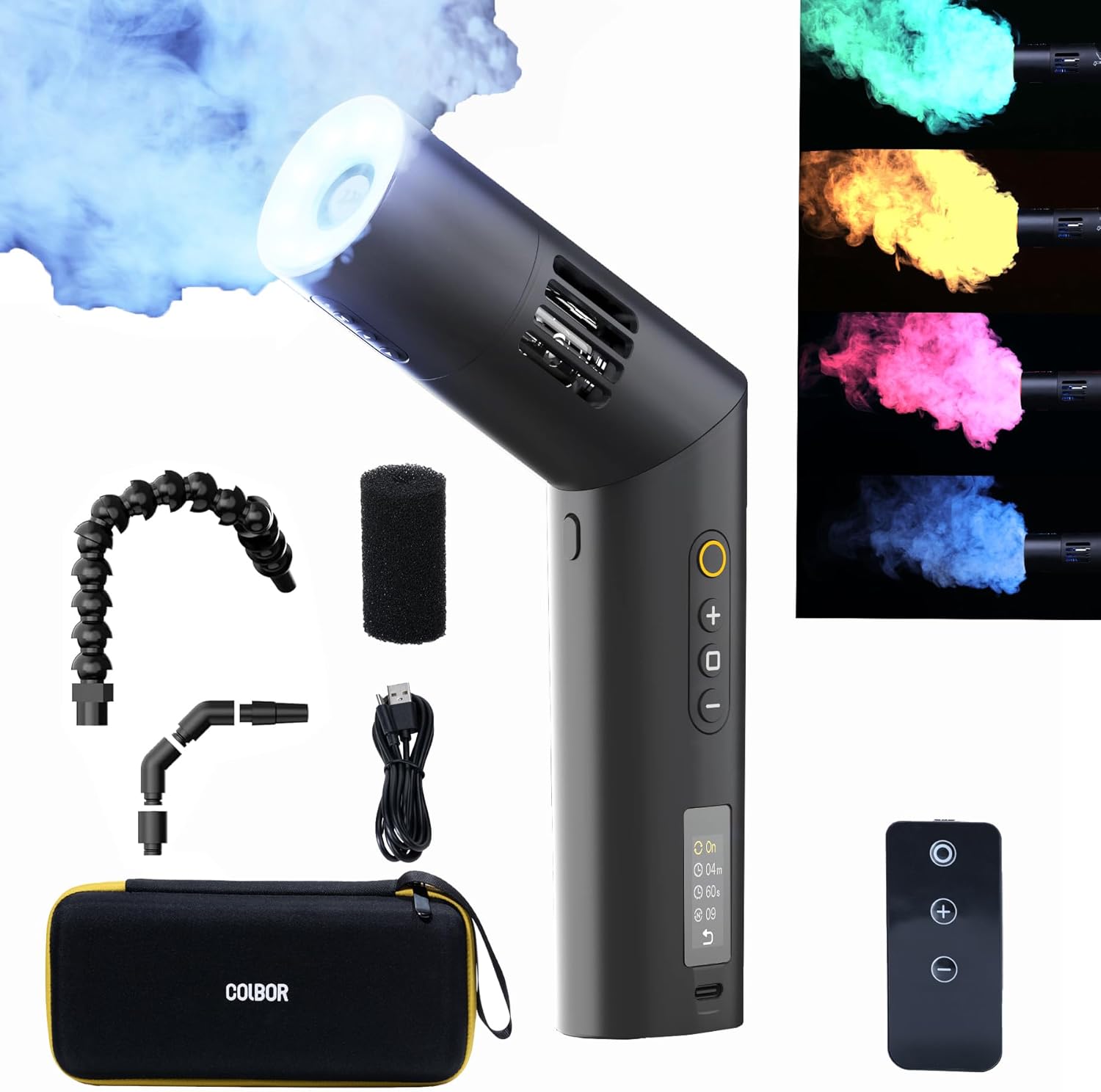 Portable Smoke Machine, Handheld Fog Machine with Remote Control, RGB Lights, 3 speed wind adjustable, 25 levels fog adjustable,for Photography, Outdoor Events, Party, Stage Effects or Weddings