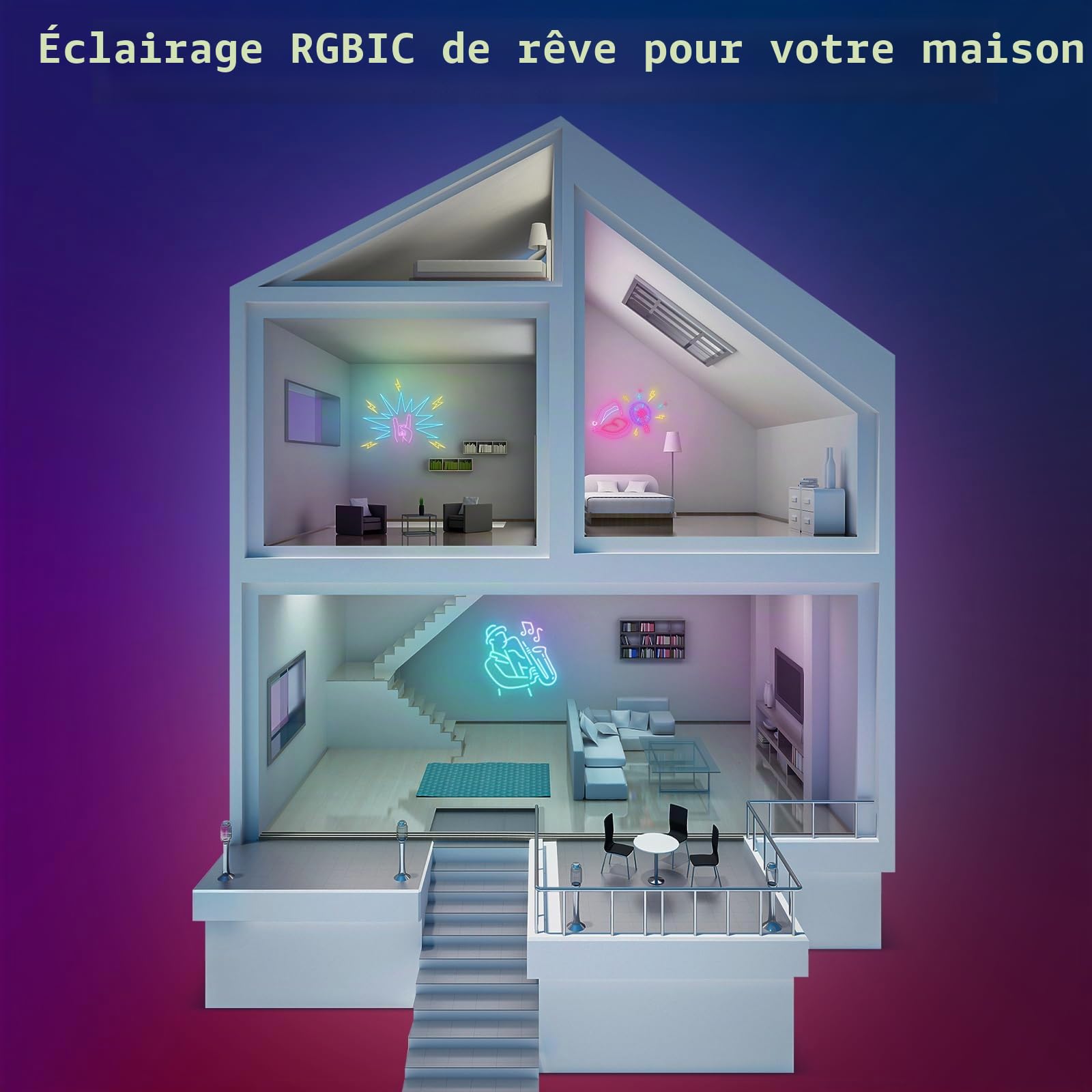 Bande LED Néon RGB-IC, Ruban LED Bluetooth 5V pour Mur, Bande Lumineuse Extérieure, Contrôle via Application, Synchronisation Musicale, Idéal pour Décoration de Salle de Jeux (10m RGBIC)