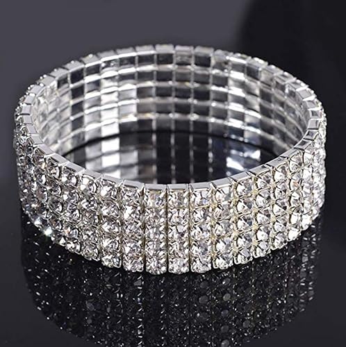 Miniatura 4 de Harlorki Pulsera elástica elástica de 5 filas con diamantes de imitación brillantes para niña, joyería de moda, Plástico, cristal