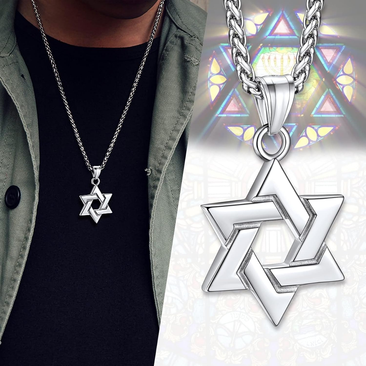 Bestyle Star of David Necklace Handmade Stainless Steel Hexagram Pendant Israel Jewish Star Necklace Religious Jewelry, Protective Amulet Gift for Men Boys - Image 2