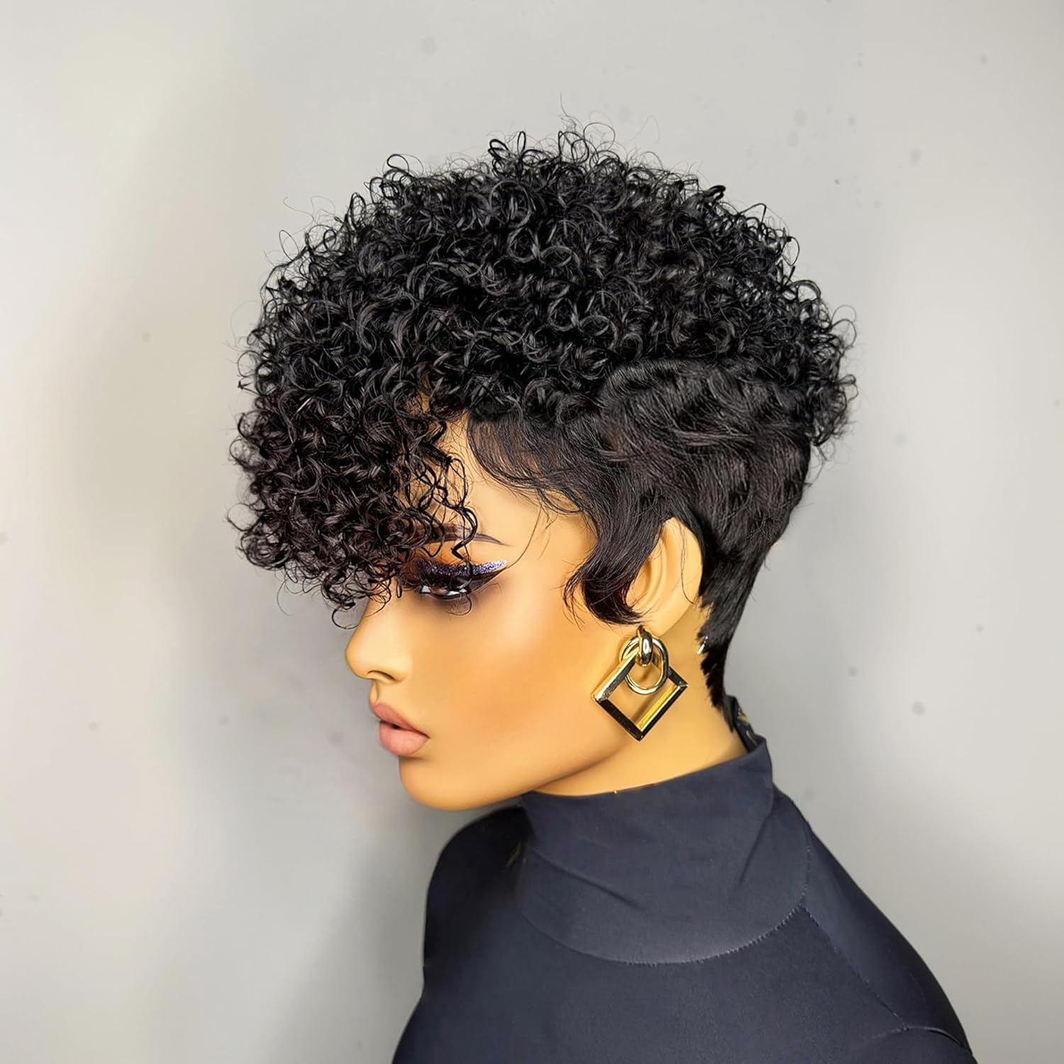 Pixie Cut Wigs for Black Women Natual Black Short Layered Pixie Wigs With Bangs Brazilian Virgin Curly Human Hair Wig Glueless Natural Black 1B