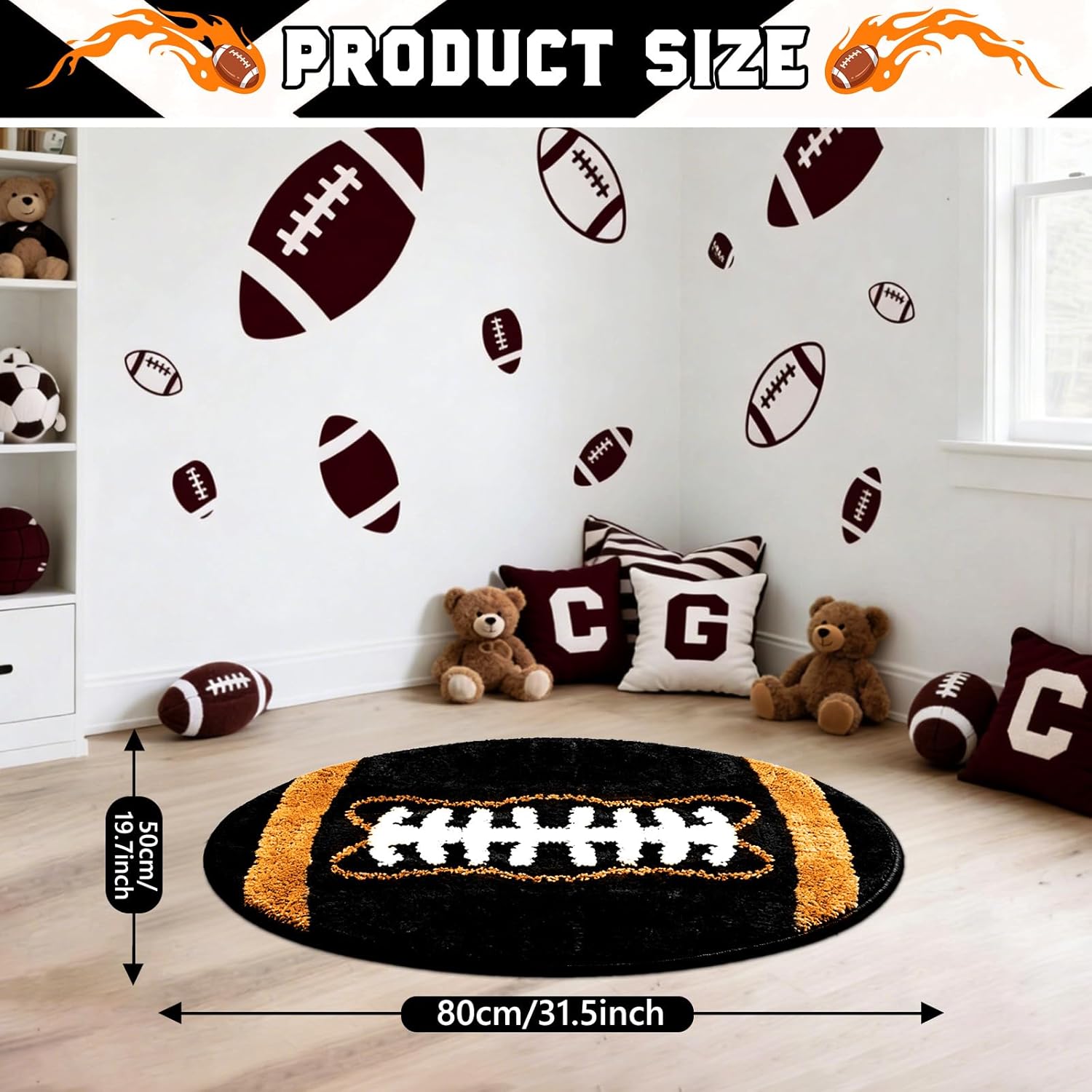 Football Rug for Boys Room Decor 32×20 Inches Soft Football Mat for Bedroom Plush Sports Carpet Washable Area Rug with Non-Slip Backing Sports Team Themed Fans Gifts Playroom Bathroom Door Entryway