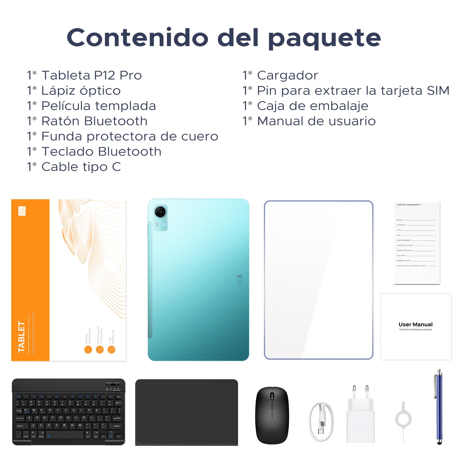 P12 Pro Tablet 12 Pulgadas, Tableta Android 16, 48GB RAM+256GB ROM/2TB TF, T7300 Octa-core, 2.4K 120Hz, 12000mAh/18W, 13MP+8MP, 5G WiFi, 4G LTE, Gemini AI, Face ID, Tablets con Teclado y Lapiz, Azul