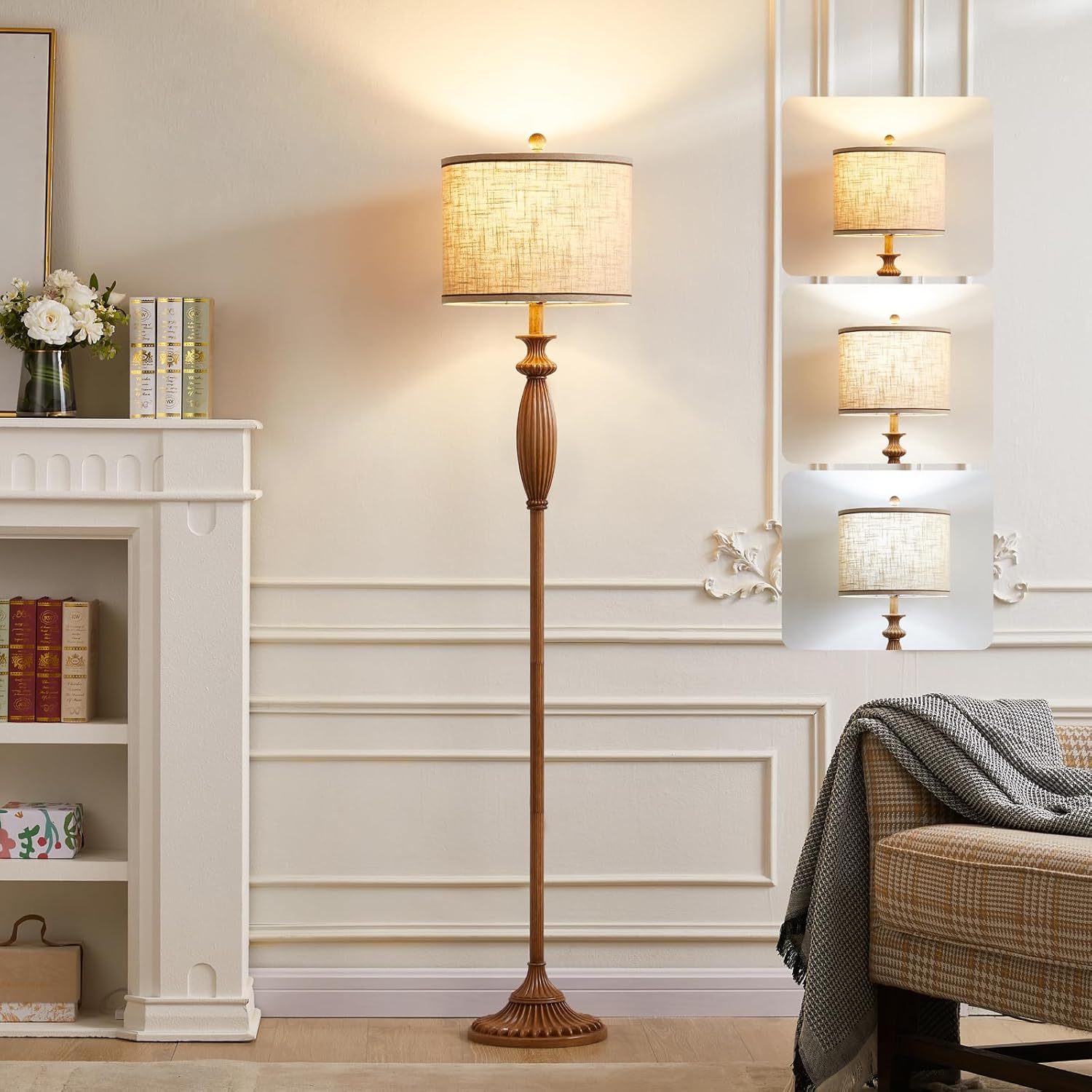 63.8" Vintage Floor Lamp with Rotary Switch, Dimmable Color Temperature Standing Lamp, Retro Farmhouse Floor Lamps for Living Room, Bedroom, Hallway, Office, Room Decor, Light Wood Grain