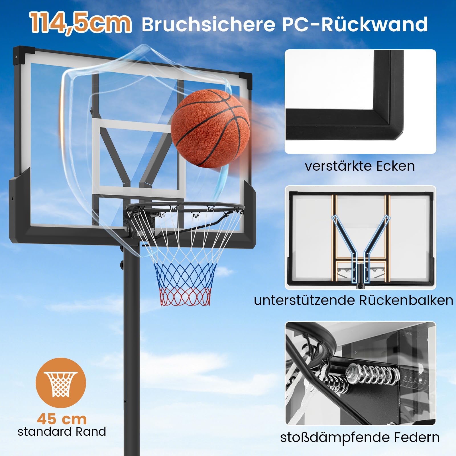 GOPLUS Basketballkorb outdoor, Korbhöhe 160-305cm verstellbar, Basketball Korb mit PC-Rückwand & Gewichtsbeutel, Basketballständer tragbar mit Rollen, Basketball hoop für Kinder Jugendliche Erwachsene