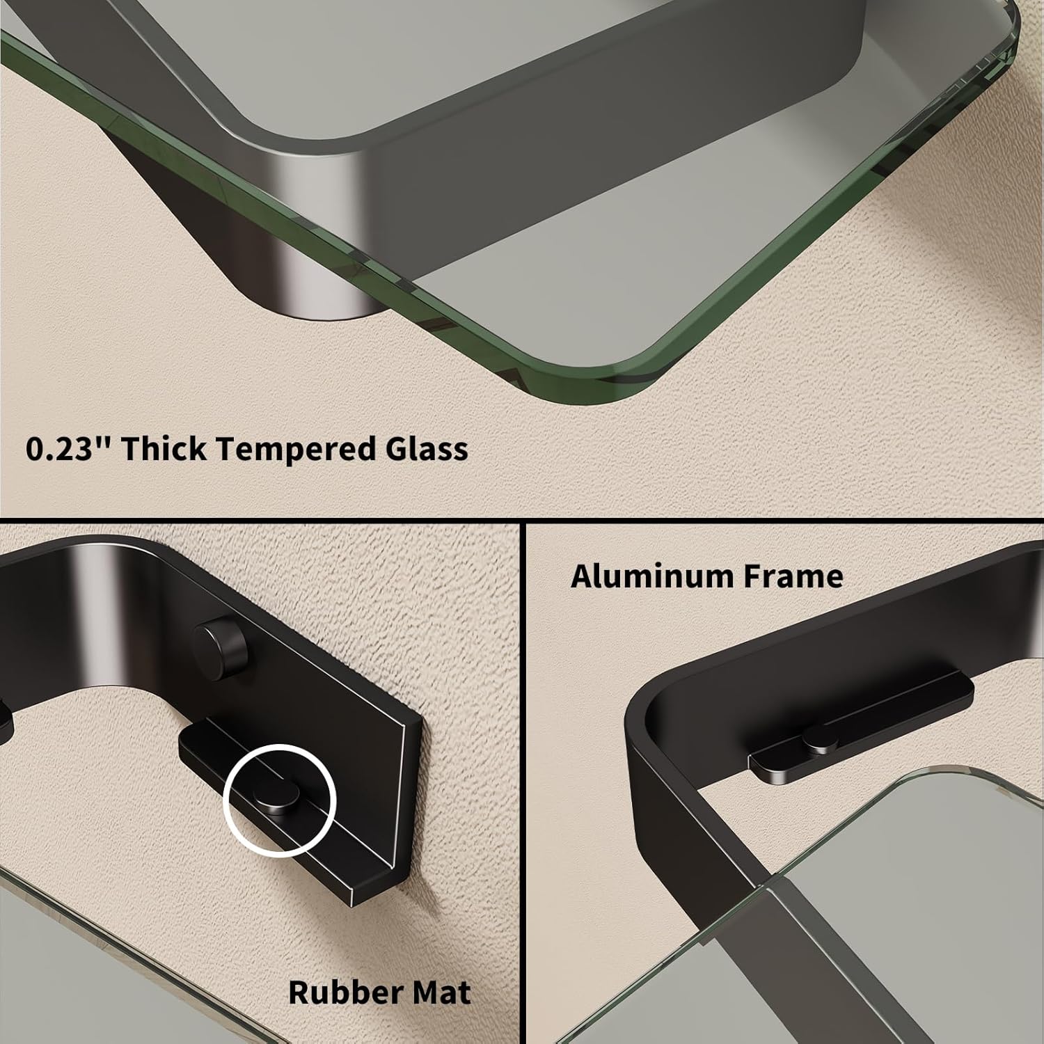 Danpoo 16-Inch Wall Shelf, Clear Tempered Glass with Matte Black Aluminum Frame – Sleek Floating Bathroom Organizer