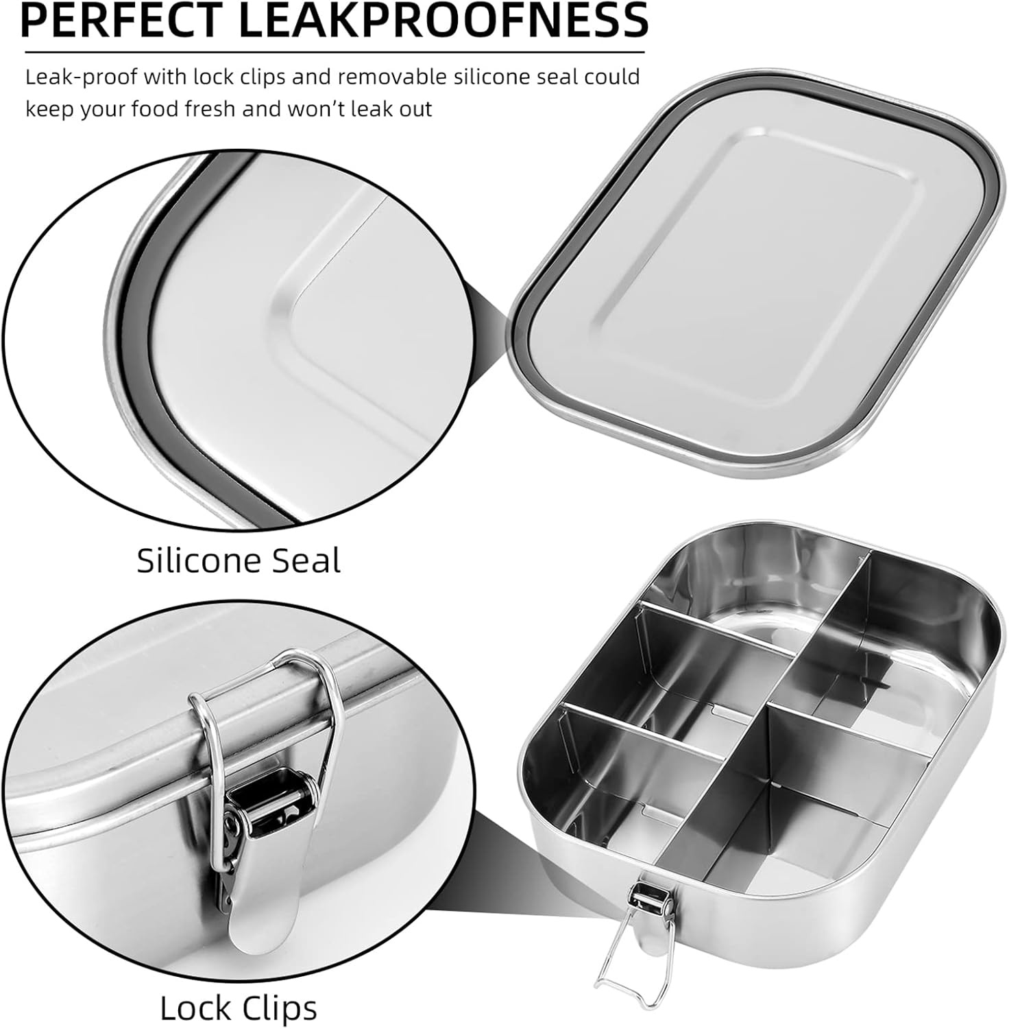 Stainless Steel Bento Lunch Food Box Container, 5-Compartment Large 1400ML Metal Lunch Box Container for Adults with Lockable Clips to Leak - Dishwasher Safe - Image 2