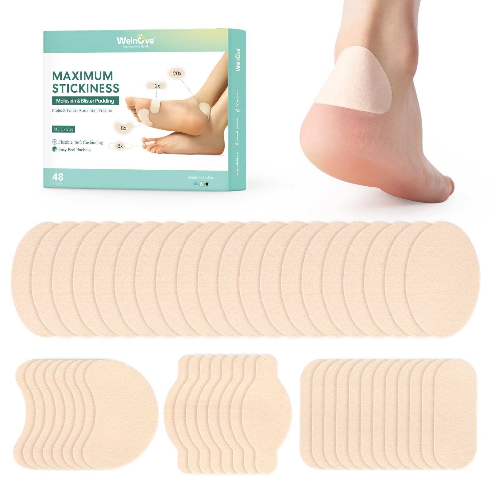 Welnove Moleskin for Blisters &amp; Moleskin for Feet: Adhesive Foot Pads, Heel Patches, Skin Tape Stickers (48 Sheets, 4 Shapes)