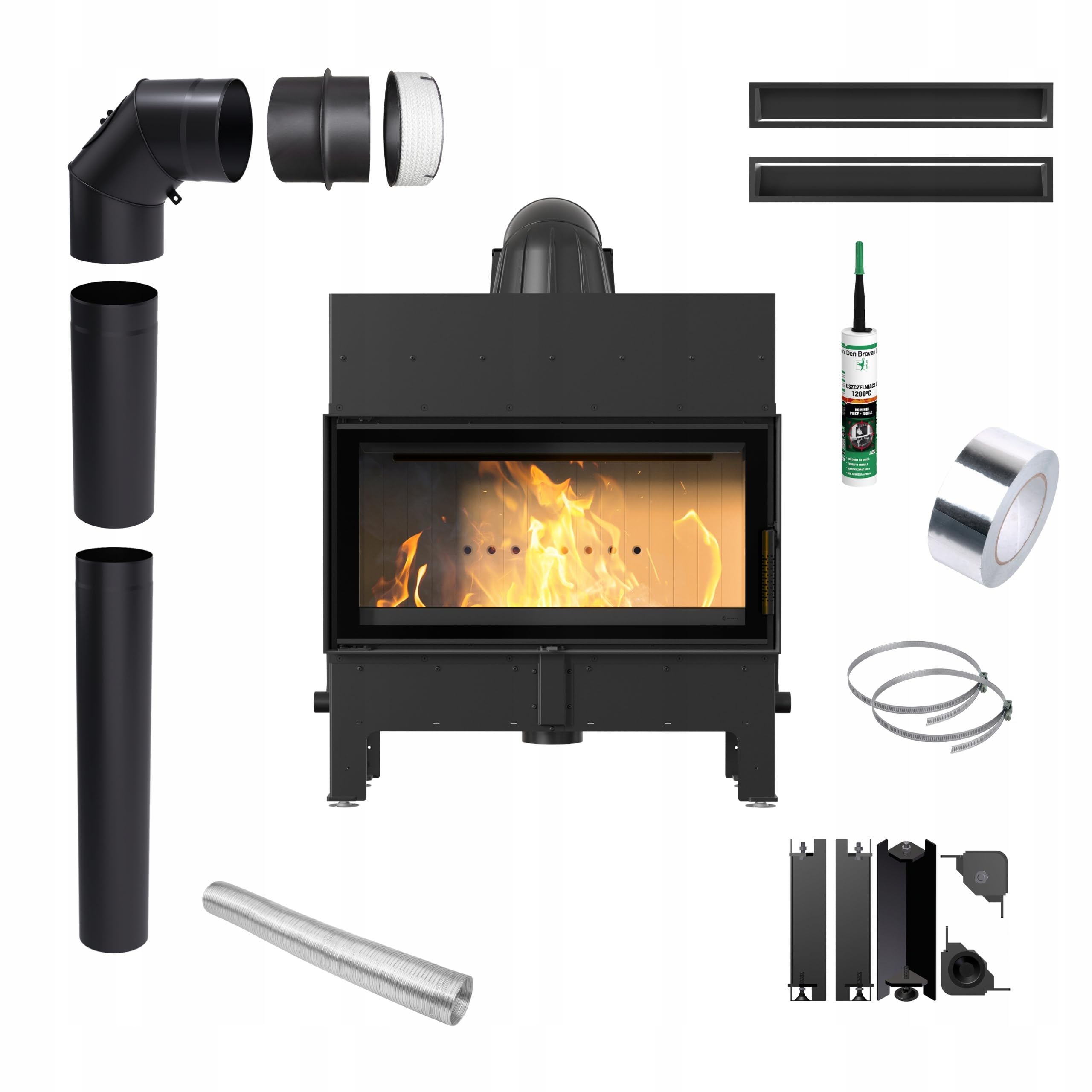 Kaminofen Holzkamin Stahl Floki Schwarz 10kW ∅200 BImSchV 2 Wirkungsgrad 83% Kamineinsätze Holz Leistungsbereich 4-13kW Traditioneller Kamineinsatz Komplettset mit Zubehör